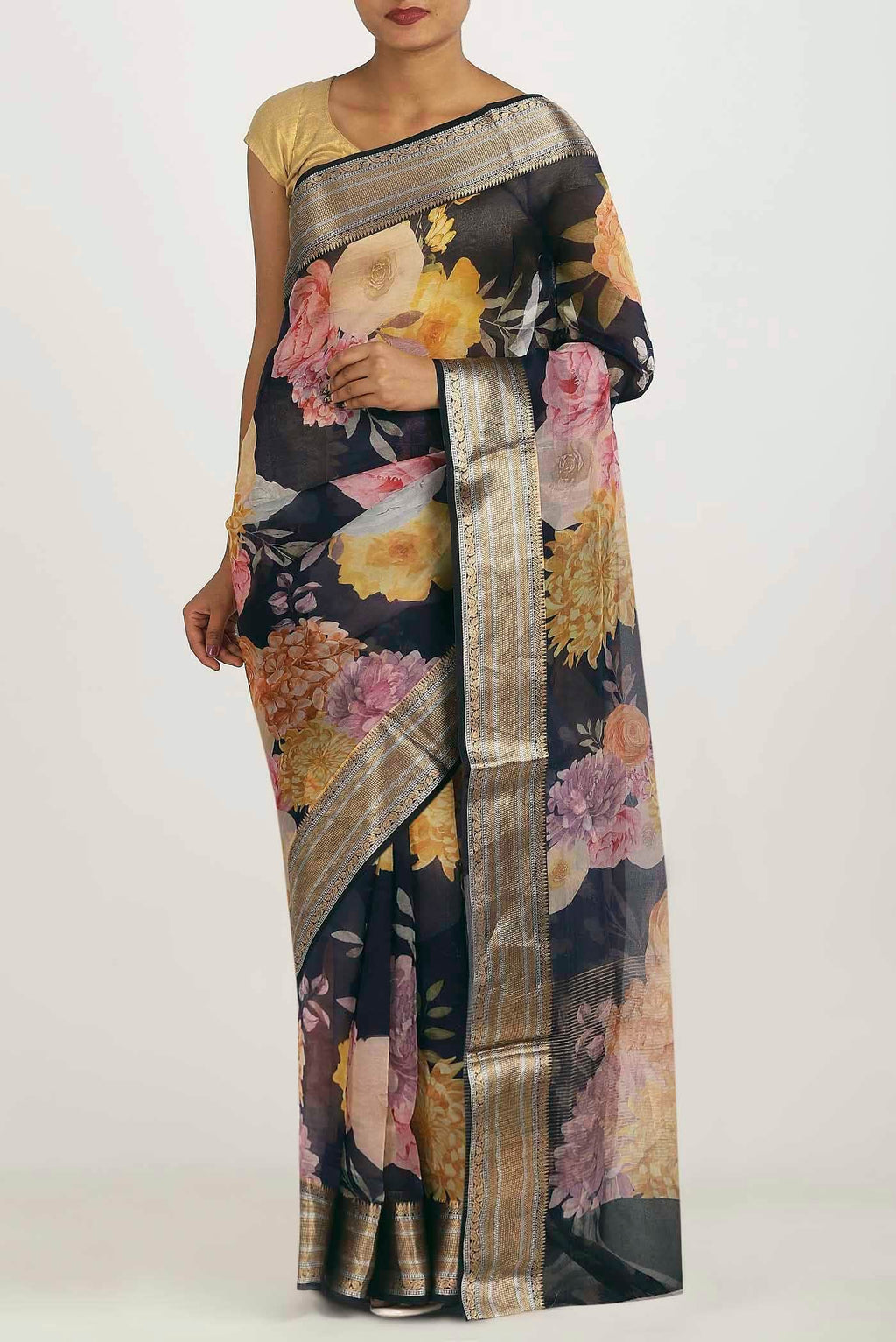 Navy Blue Organza Silk Saree