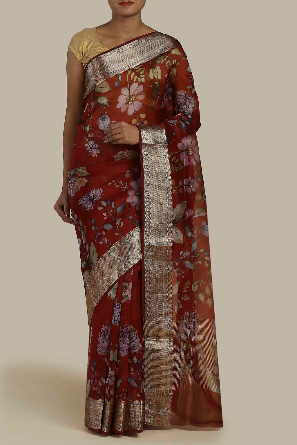 Rust Organza Silk Saree
