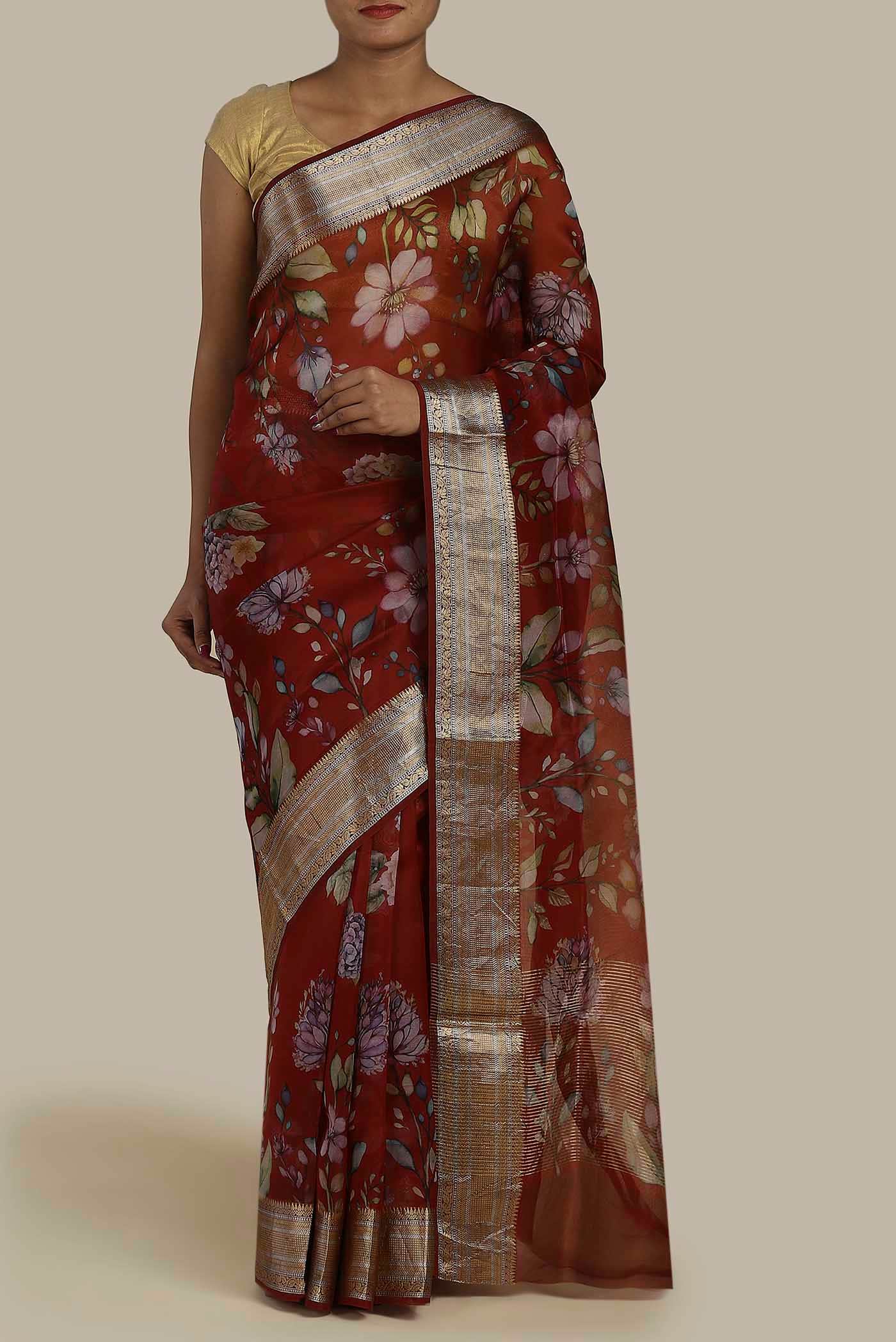Rust Organza Silk Saree