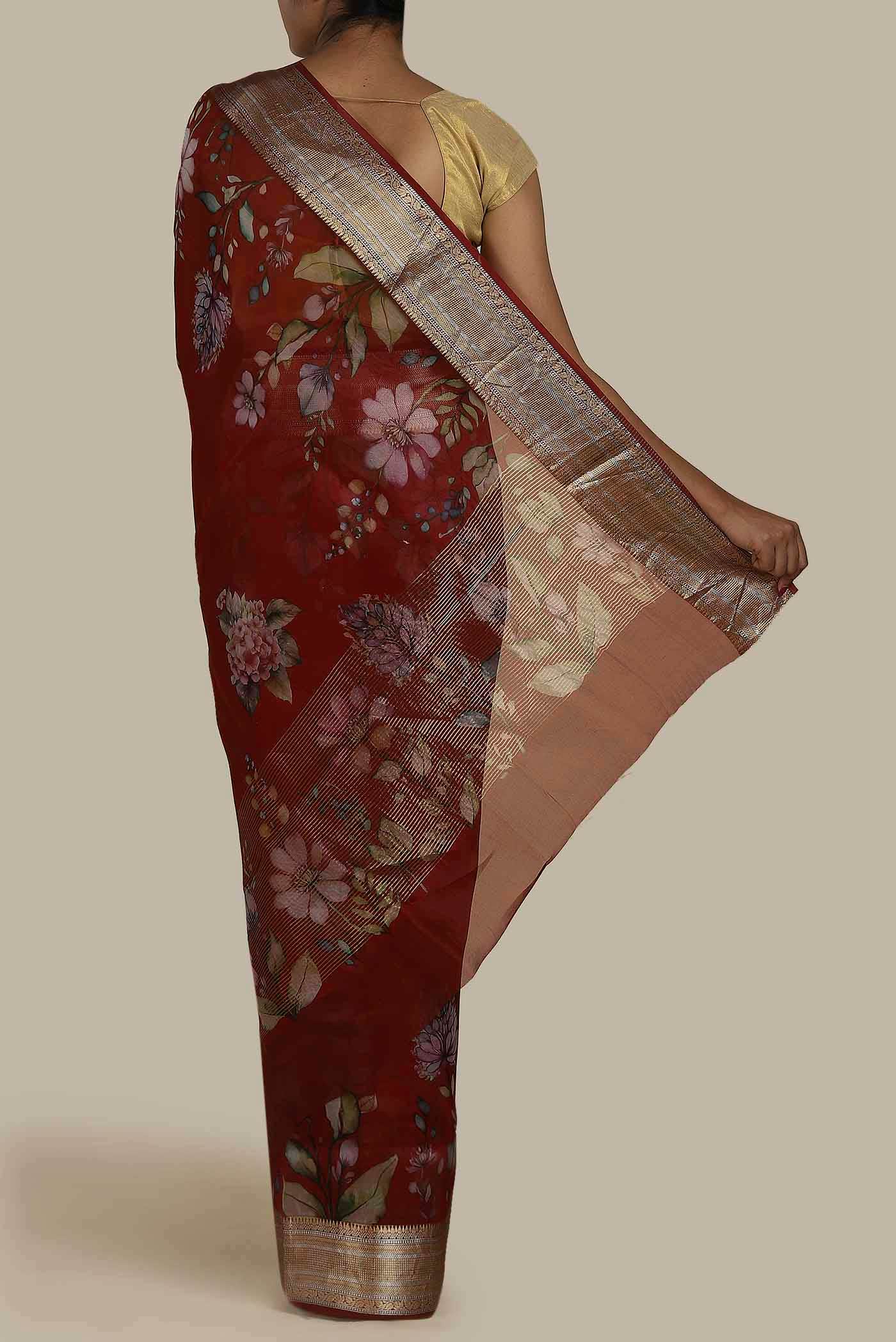 Rust Organza Silk Saree