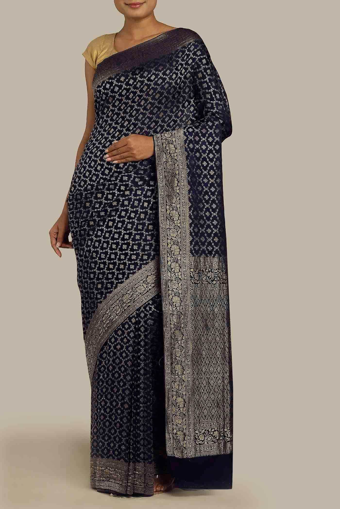 Navy Blue Mysore Crepe Saree