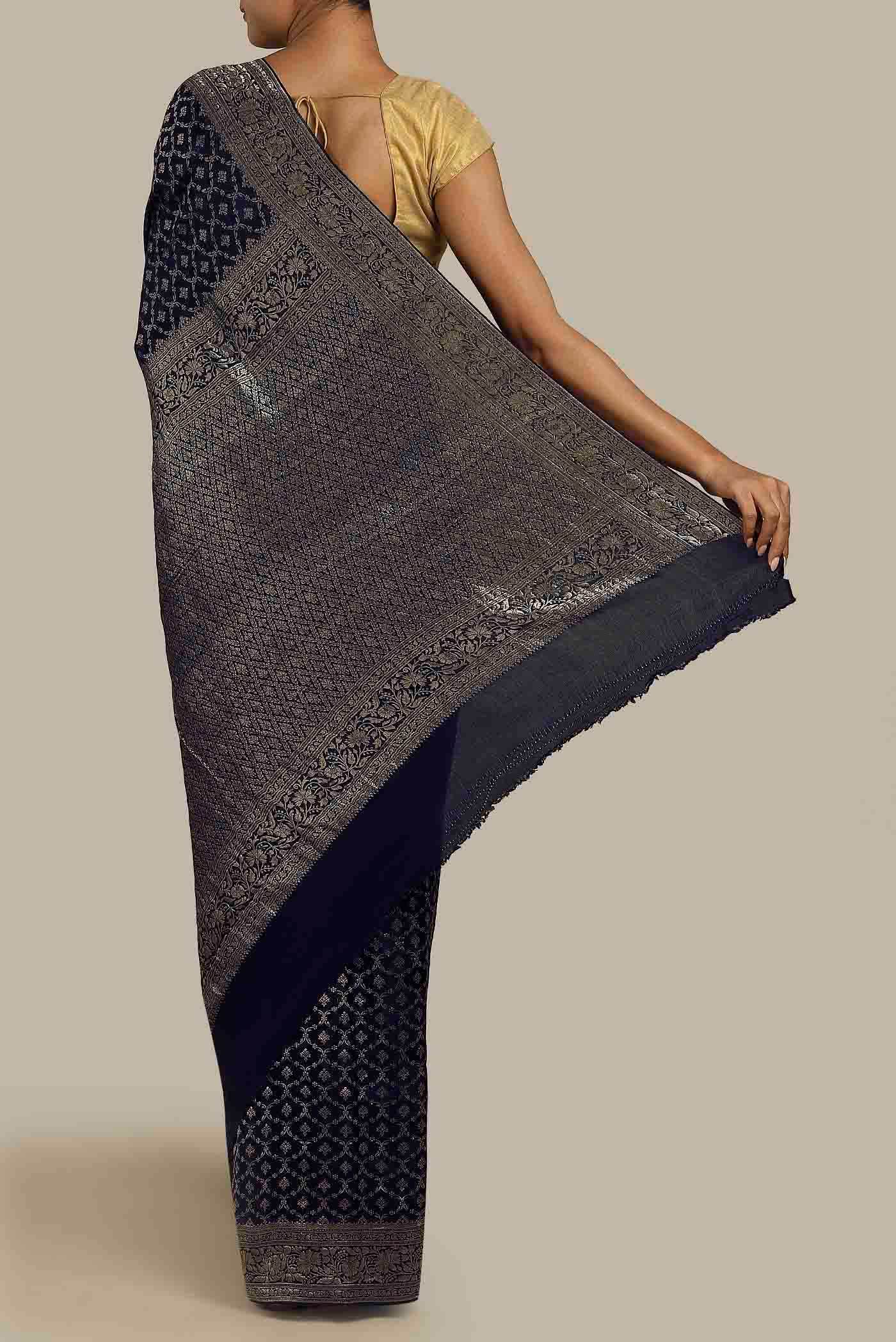 Navy Blue Mysore Crepe Saree