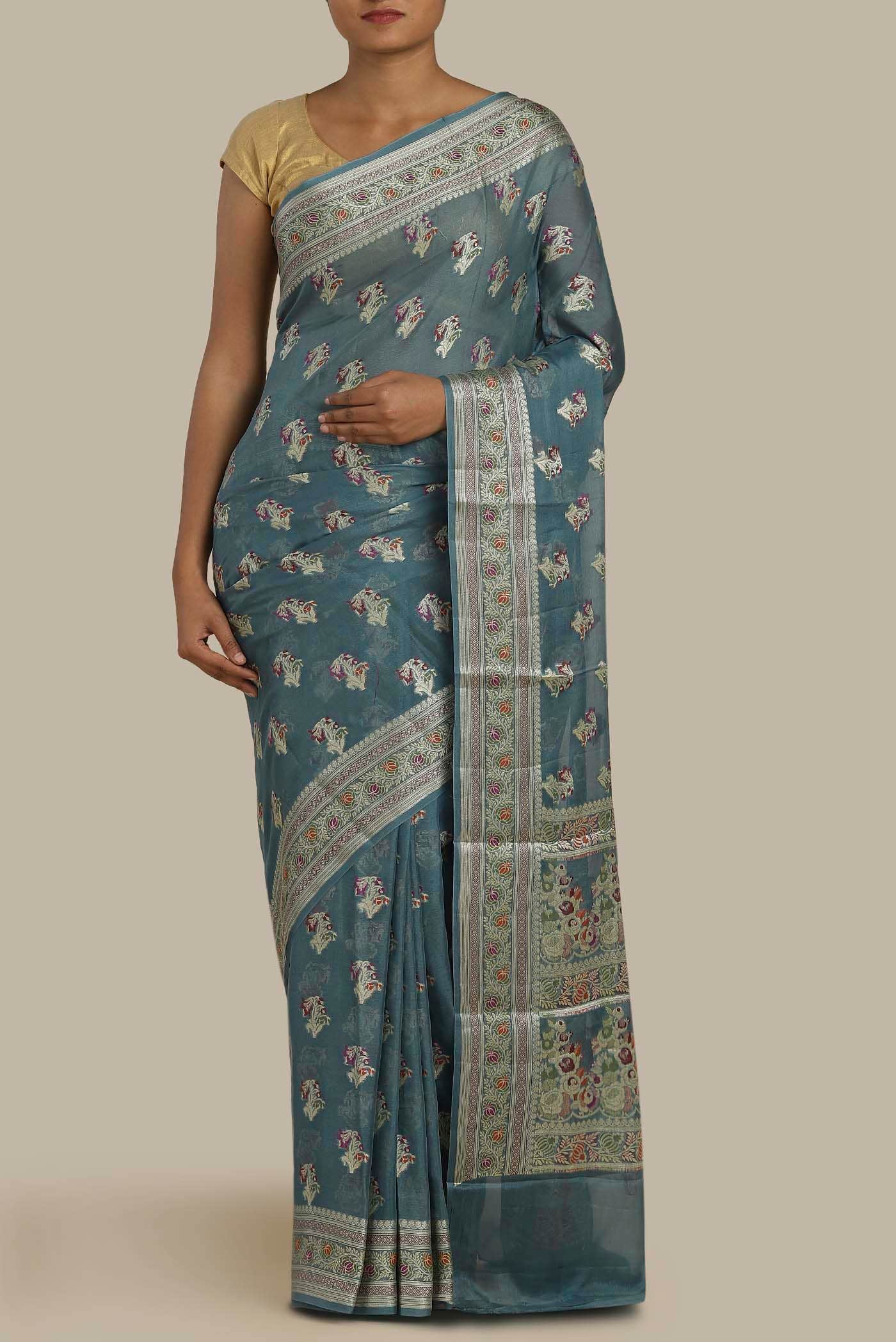 Blue Grey Banarasi Georgette Saree