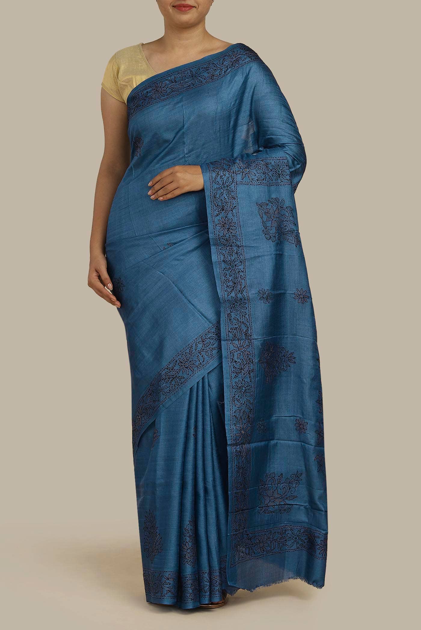 Blue Bhagalpuri Tussar Silk Saree