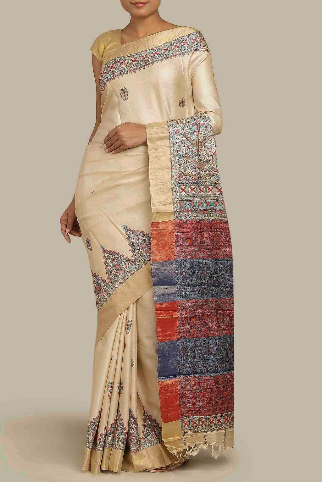 Cream Tussar Silk Saree