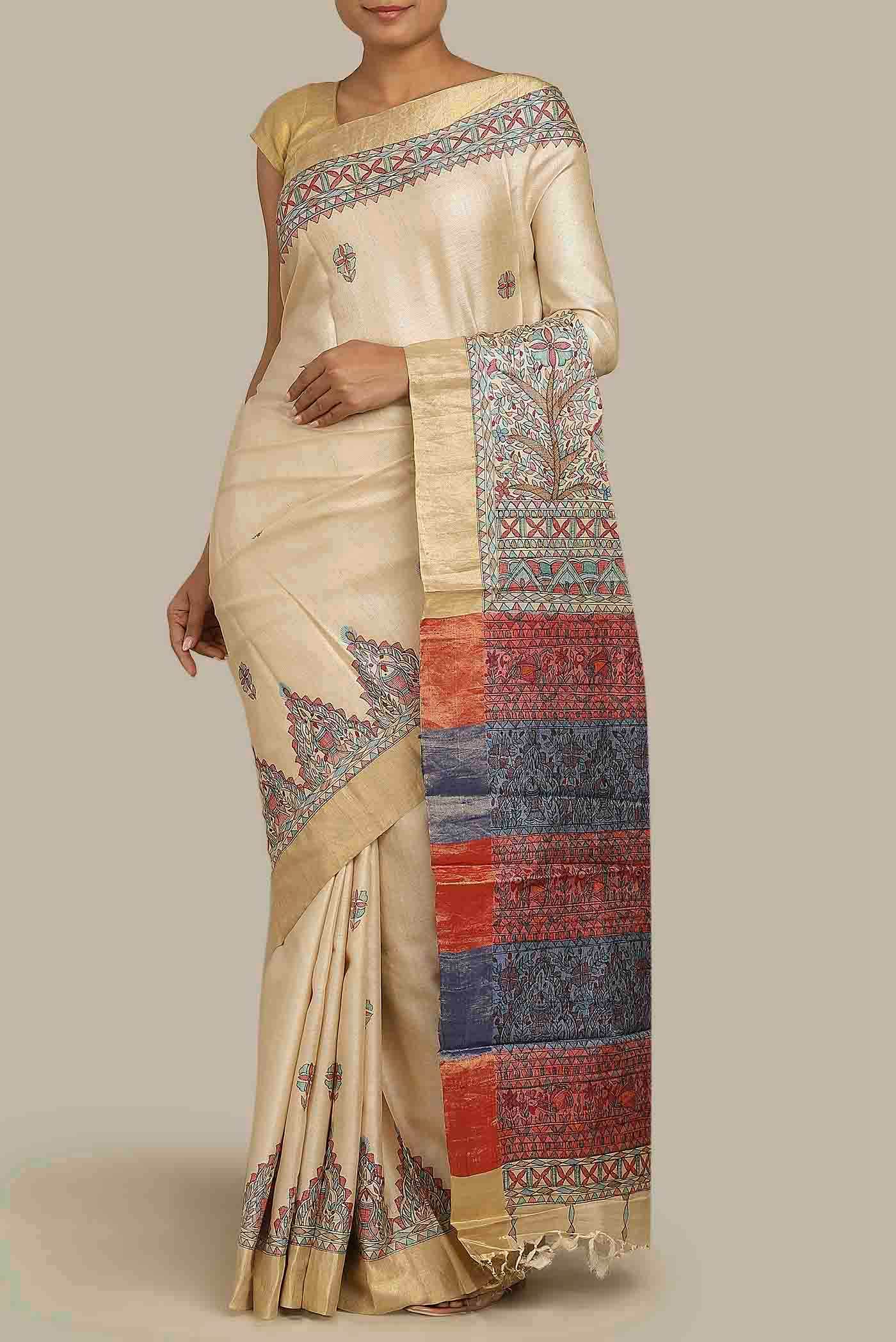 Cream Tussar Silk Saree