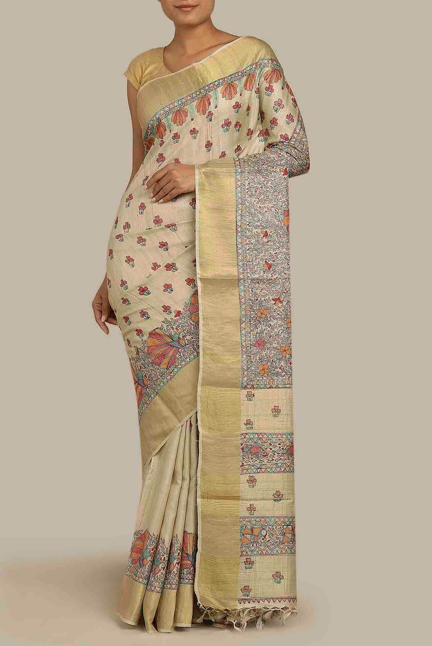 Cream Tussar Silk Saree
