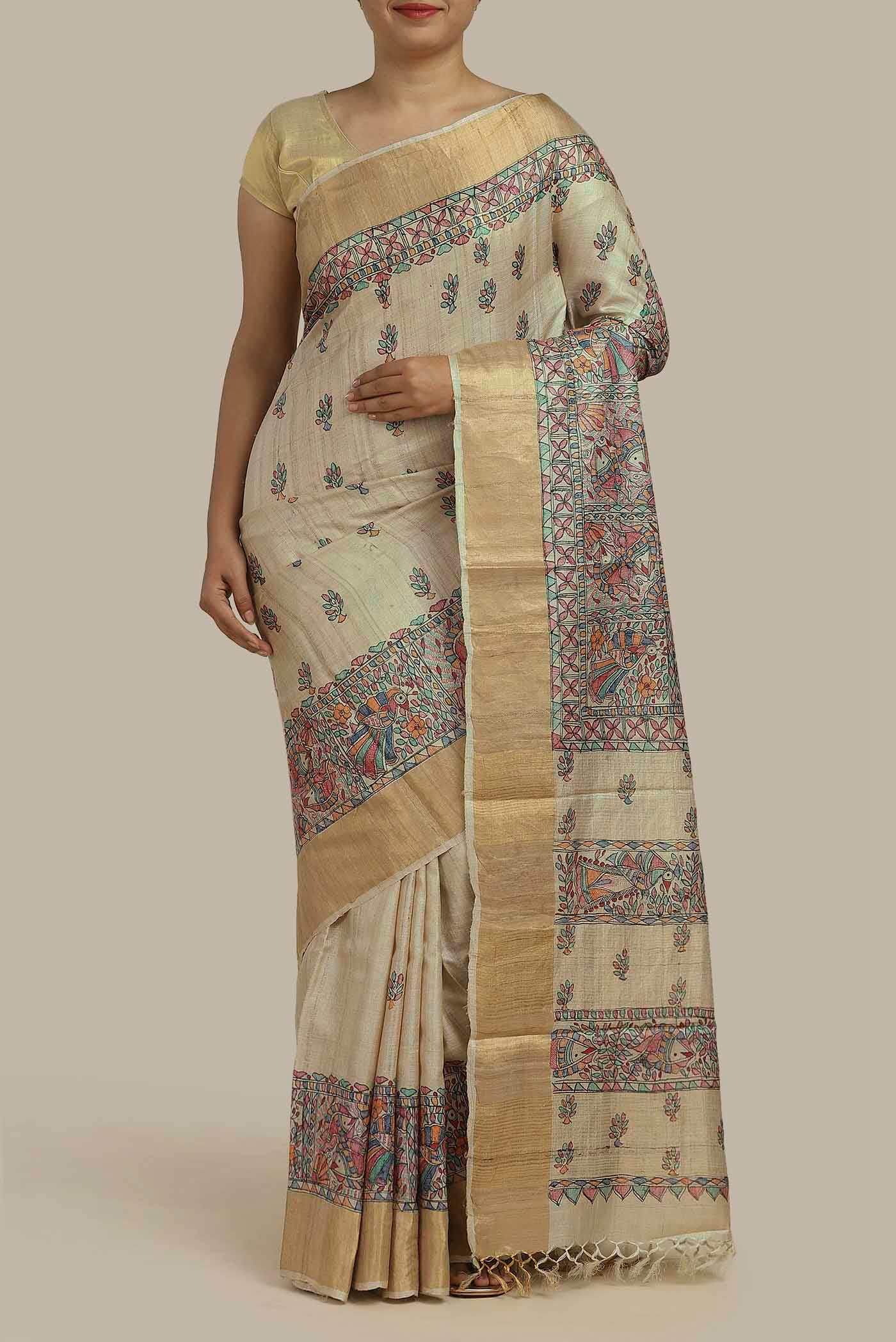 Beige Bhagalpuri Tussar Silk Saree