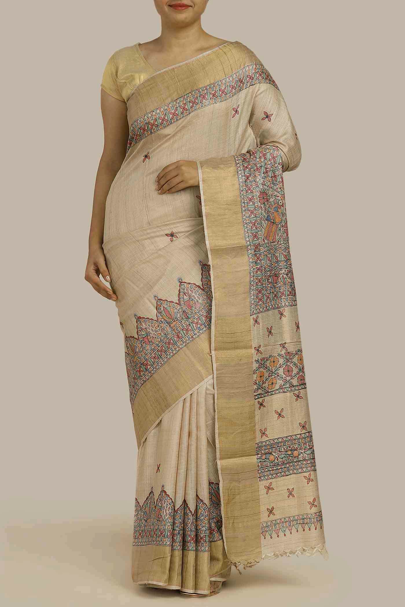 Beige Bhagalpuri Tussar Silk Saree