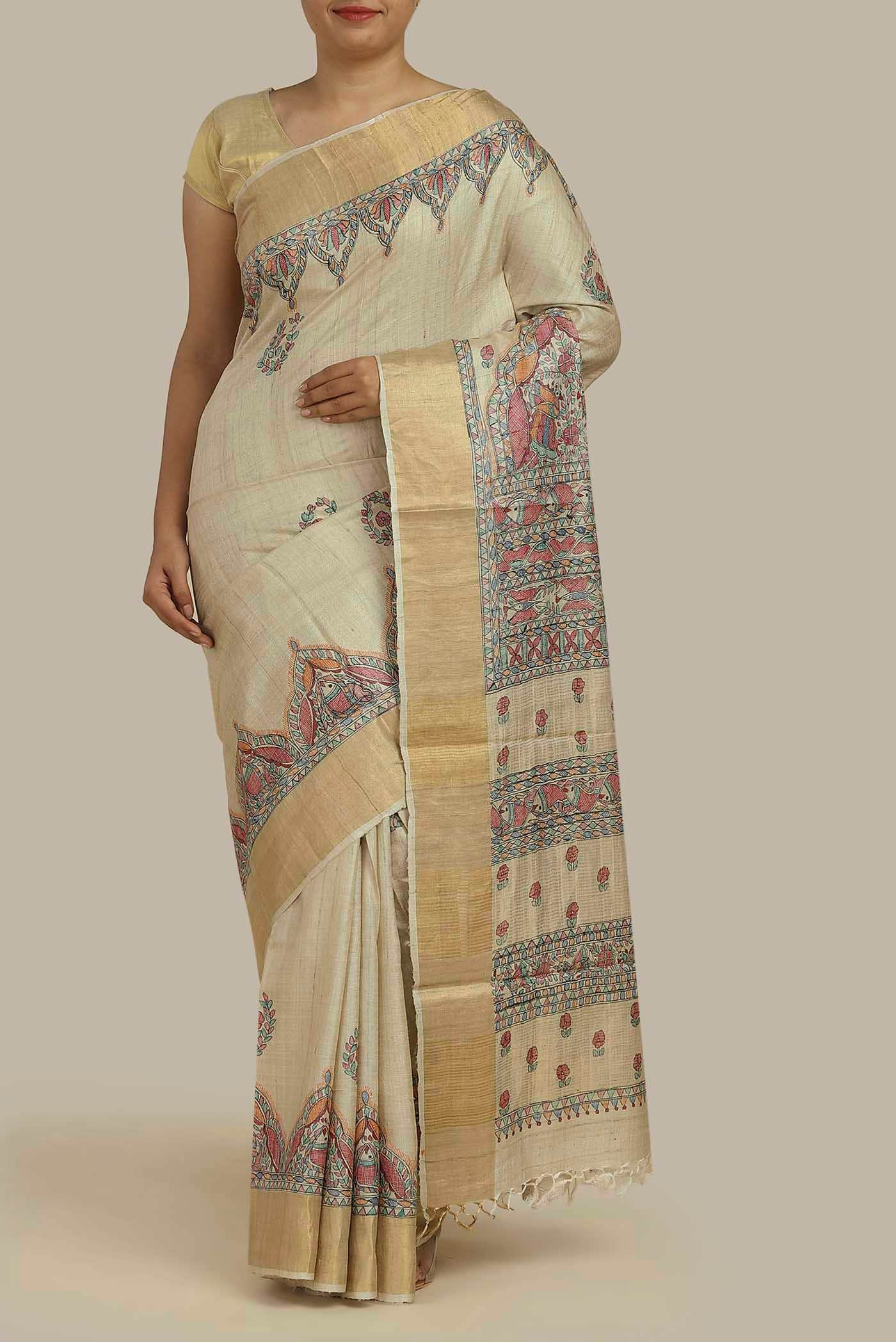 Beige Bhagalpuri Tussar Silk Saree