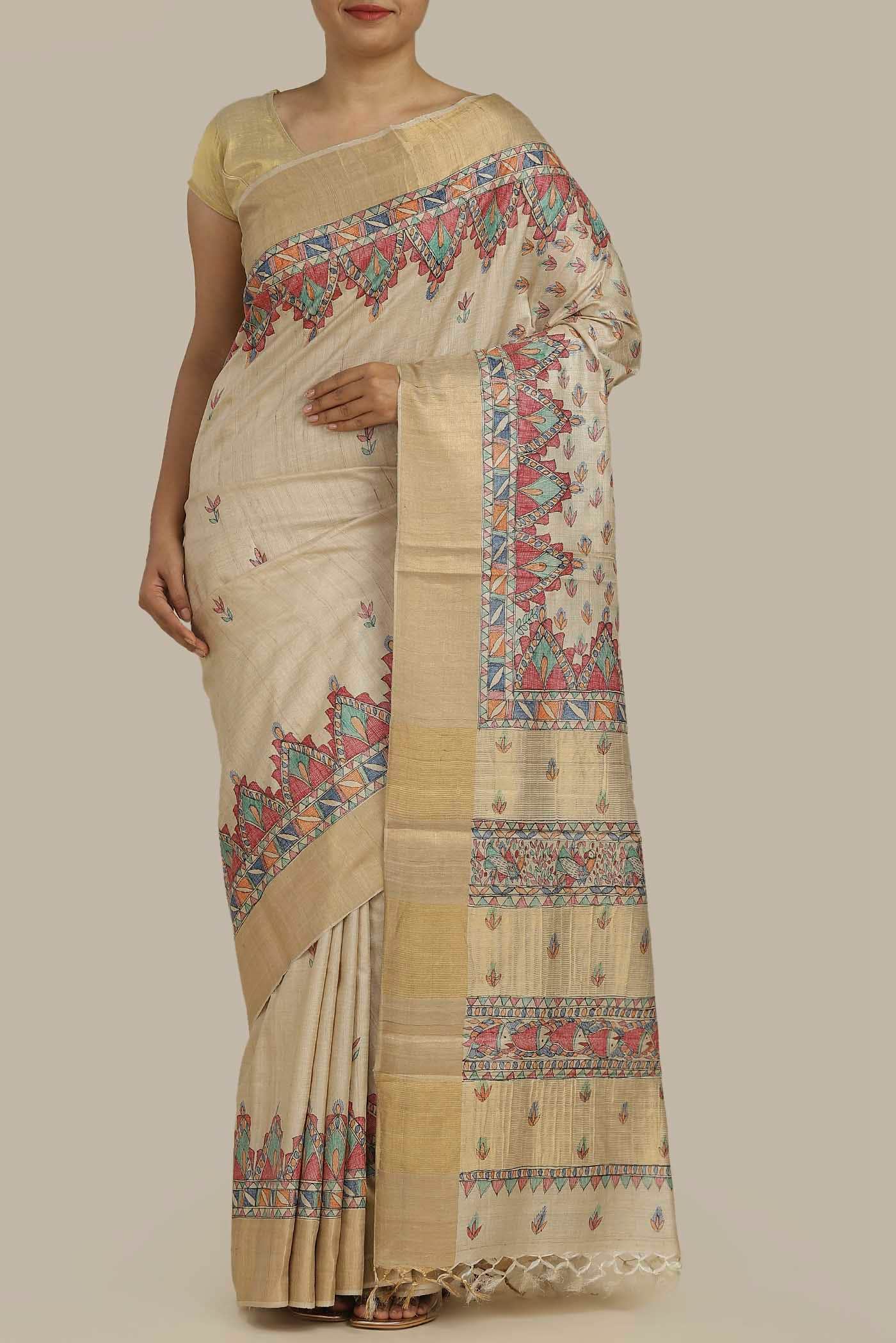 Beige Bhagalpuri Tussar Silk Saree