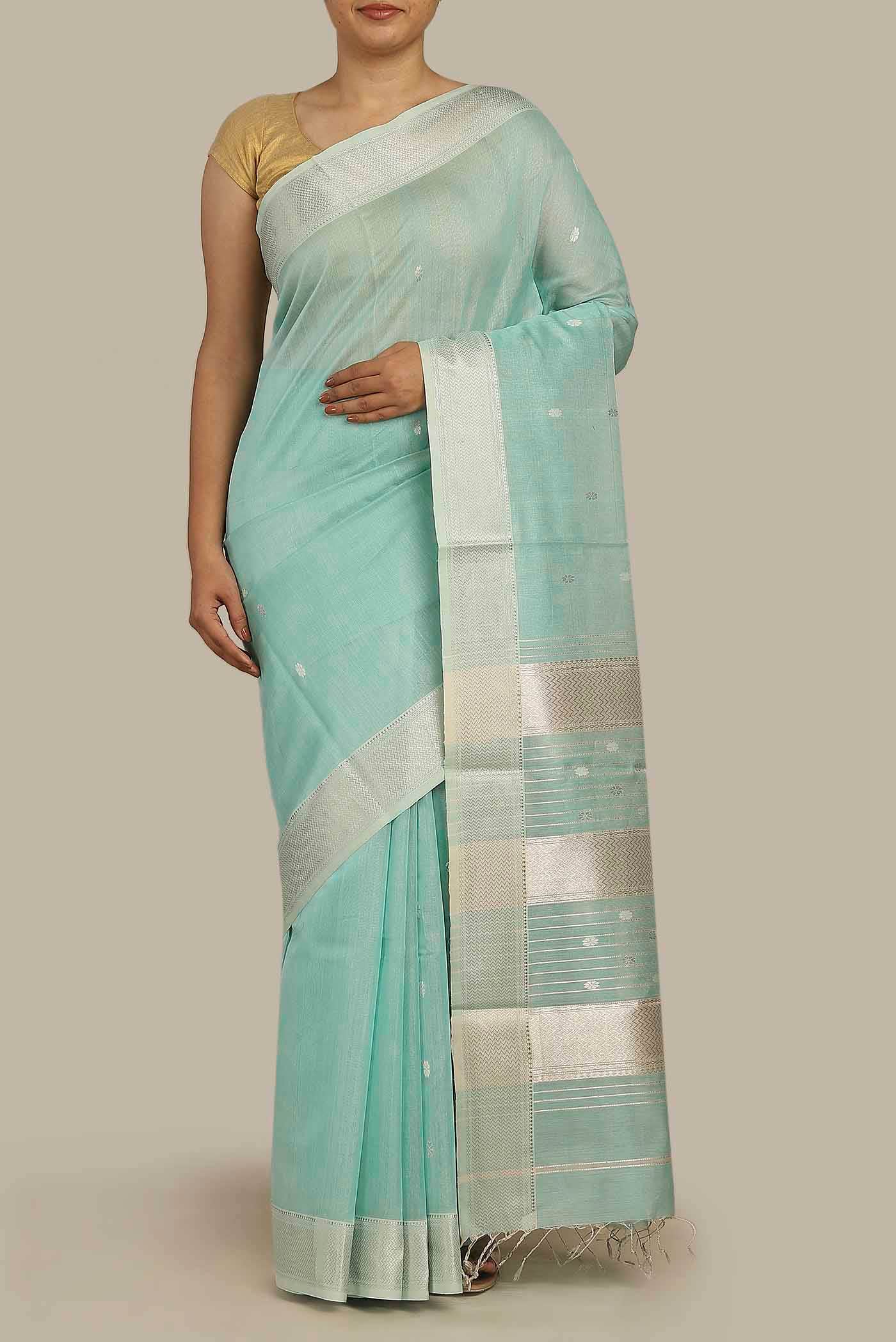Light Blue Maheshwari Silk Cotton Saree