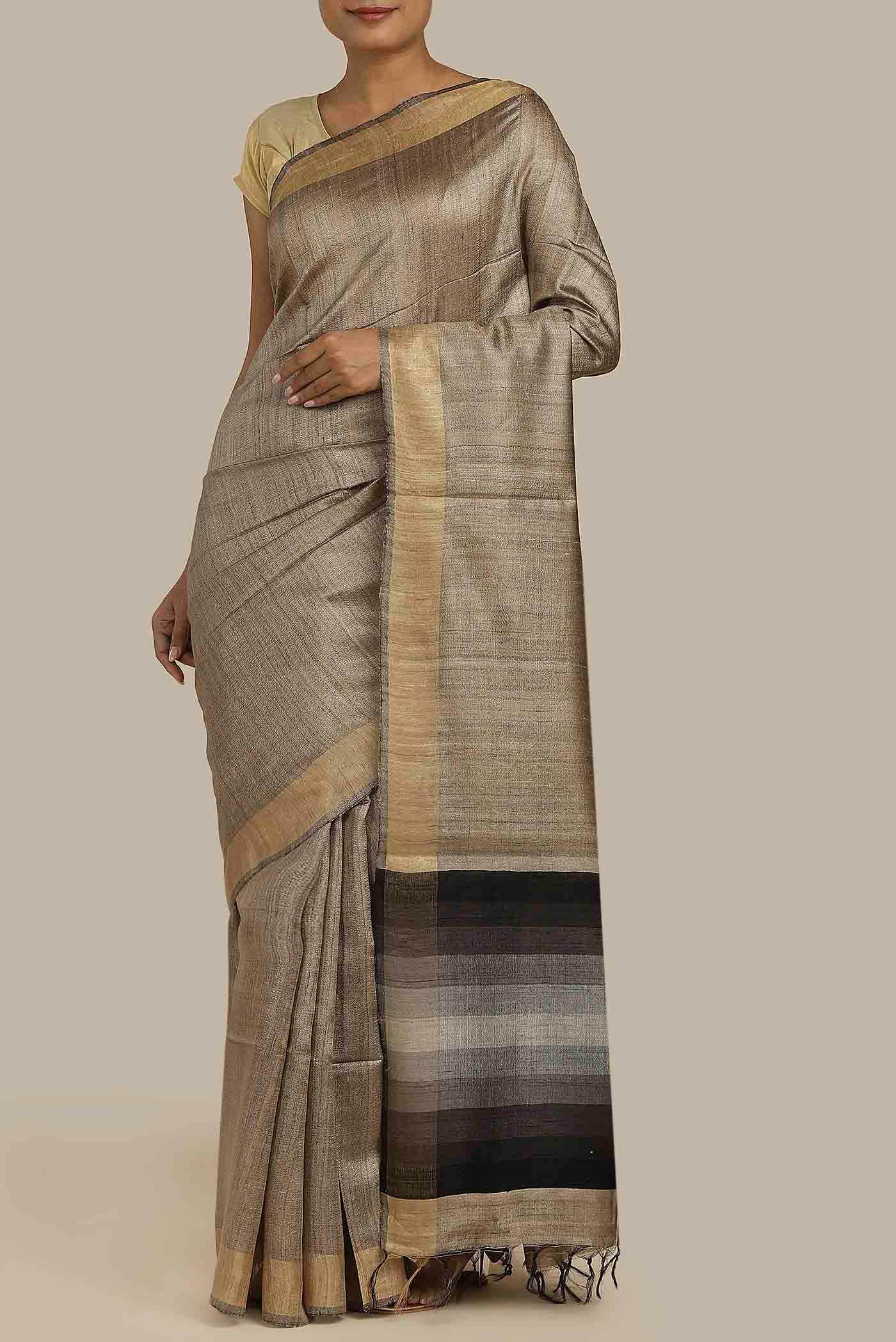 Beige Bhagalpuri Tussar Silk Saree