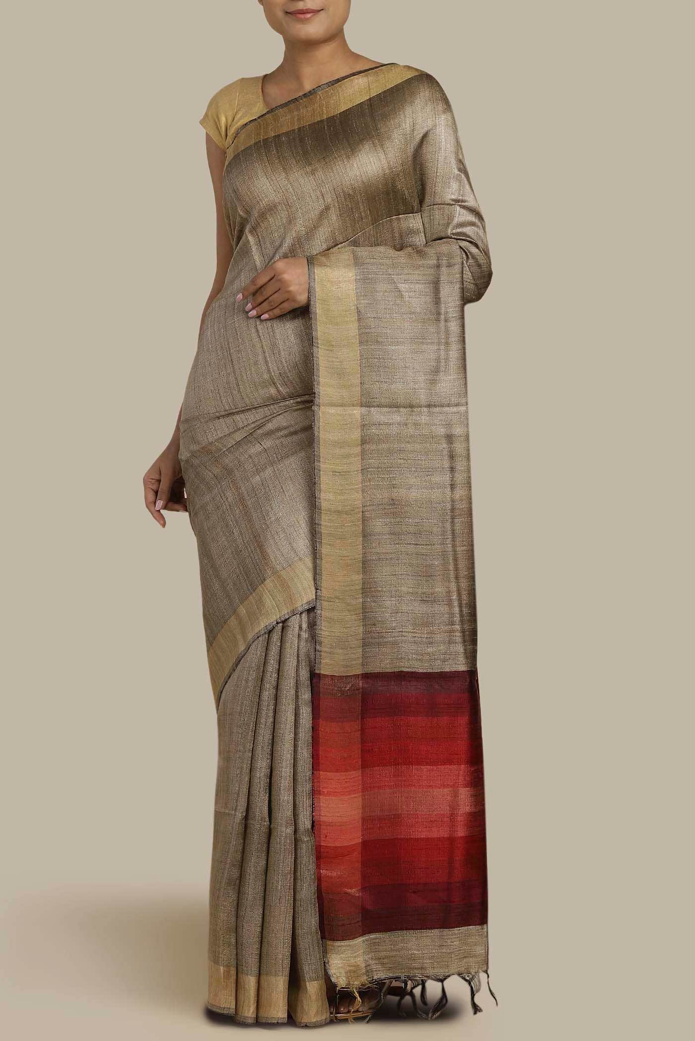 Beige Bhagalpuri Tussar Silk Saree