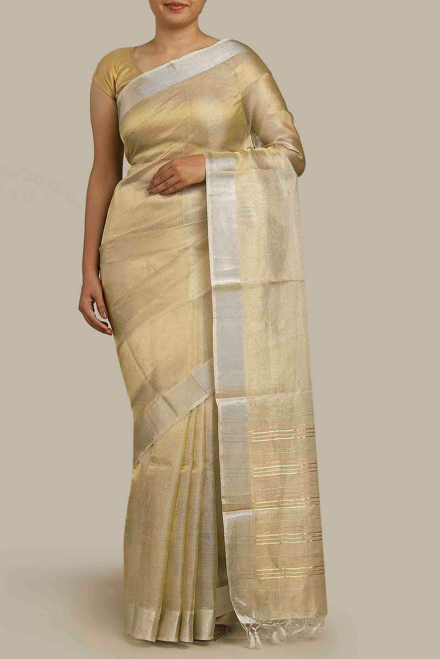 Gold Maheshwari Tissue Silk Cotton Saree