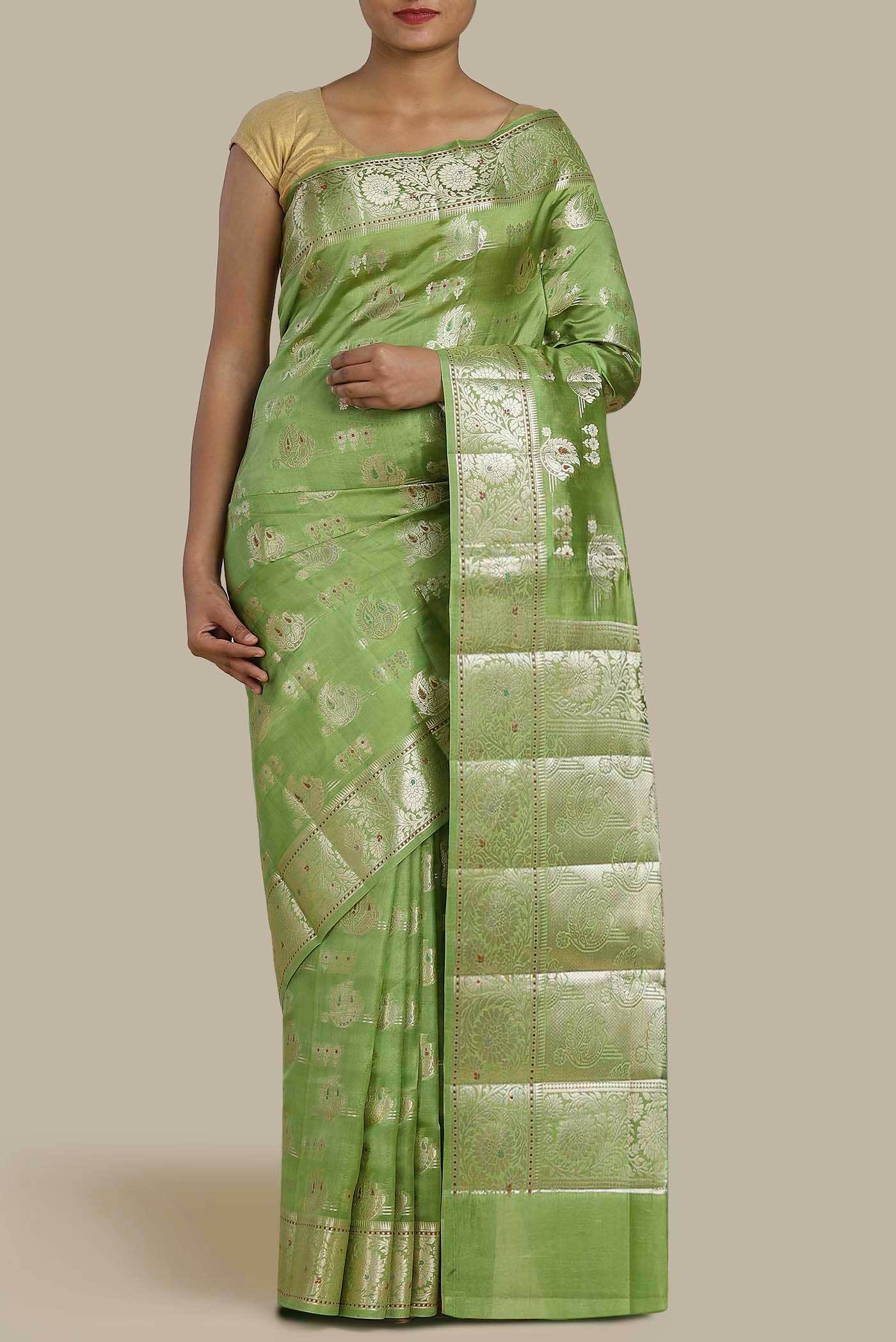 Green Banarasi Raw Silk Saree