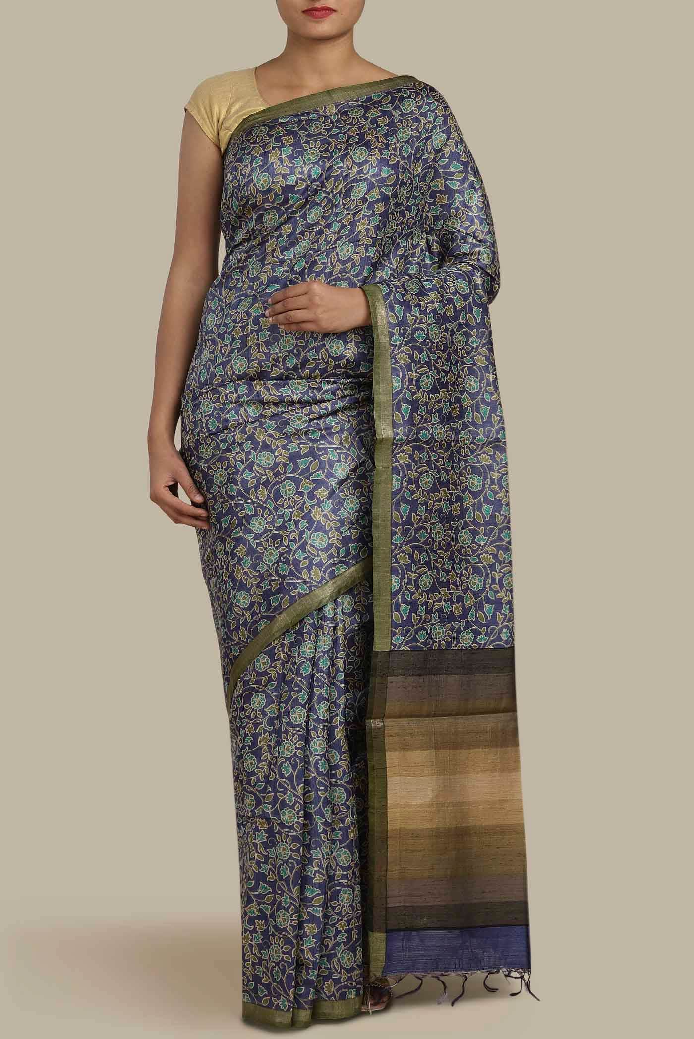 Blue Bhagalpuri Tussar Silk Saree