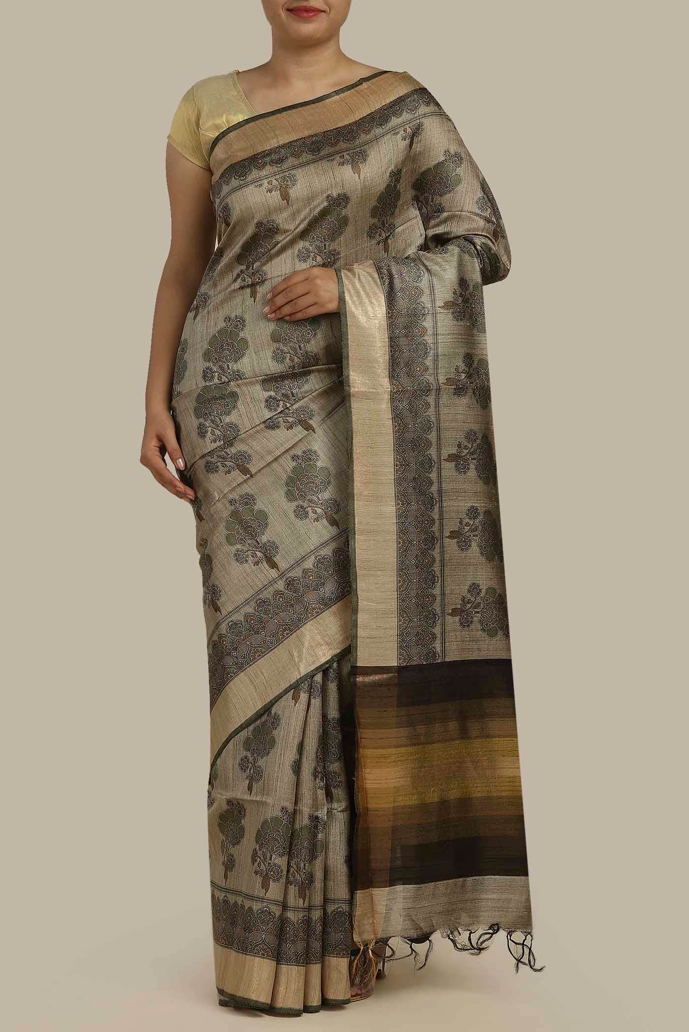 Beige Bhagalpuri Tussar Silk Saree