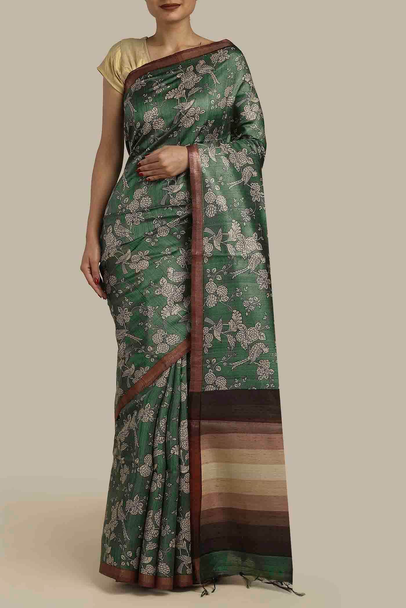 Green Bhagalpuri Tussar Silk Saree