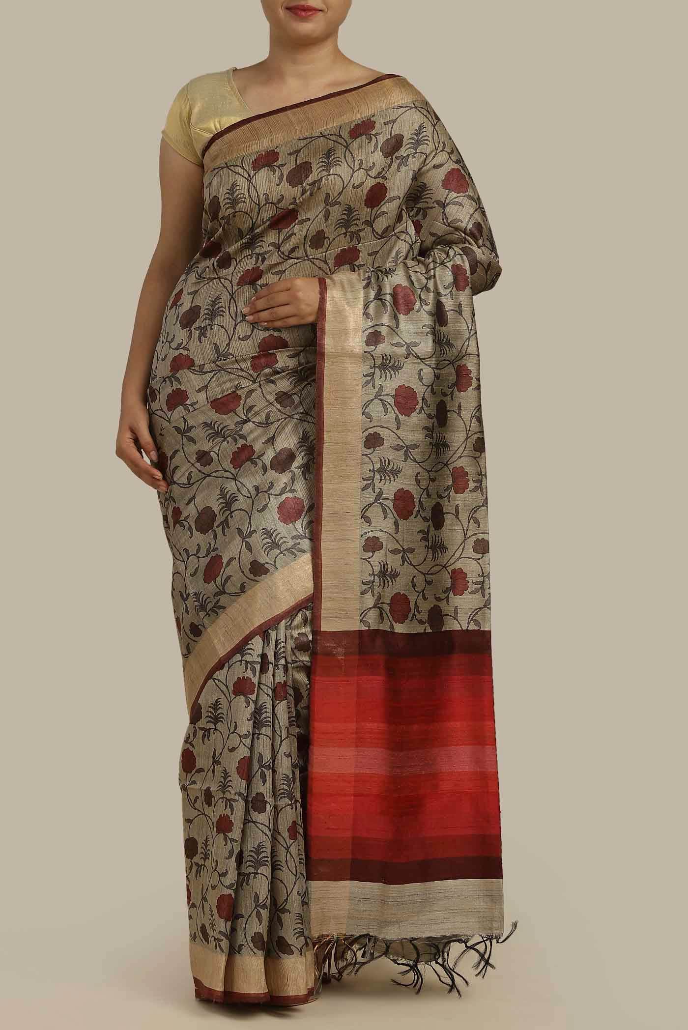 Beige Bhagalpuri Tussar Silk Saree