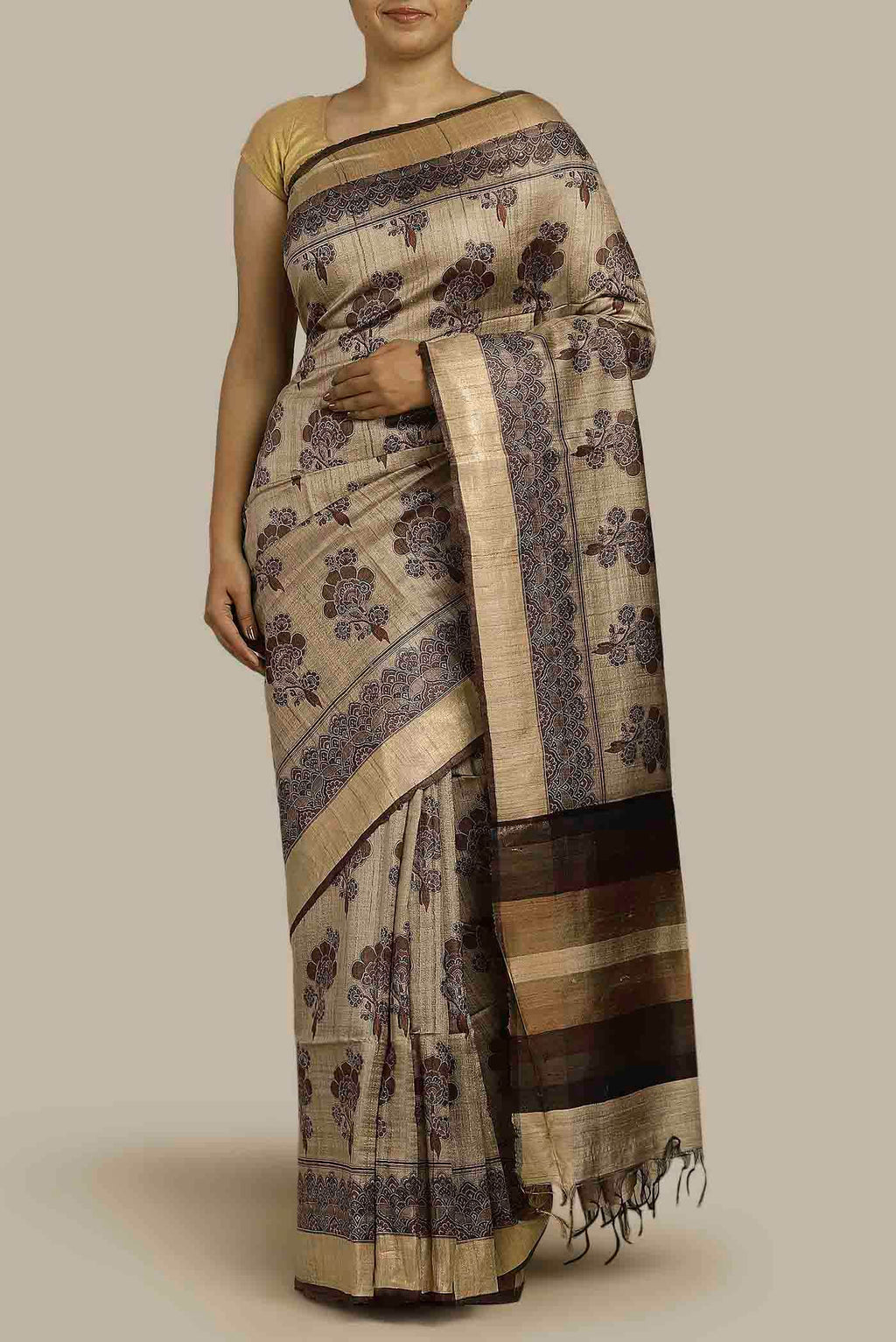 Beige Bhagalpuri Tussar Silk Saree
