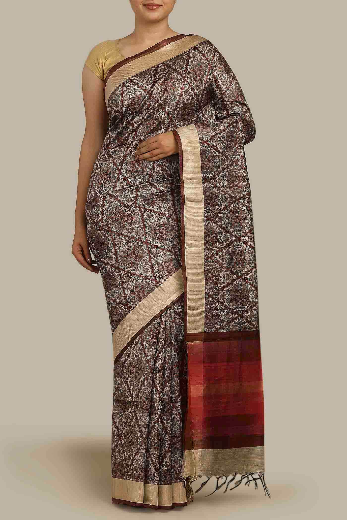 White Bhagalpuri Tussar Silk Saree