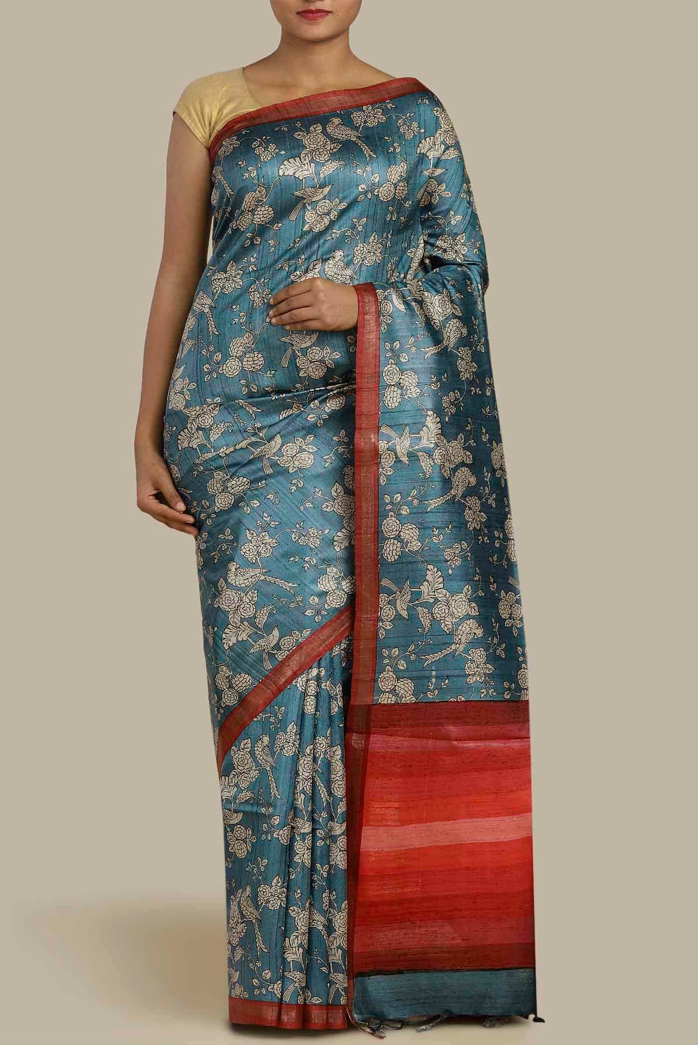 Blue Bhagalpuri Tussar Silk Saree