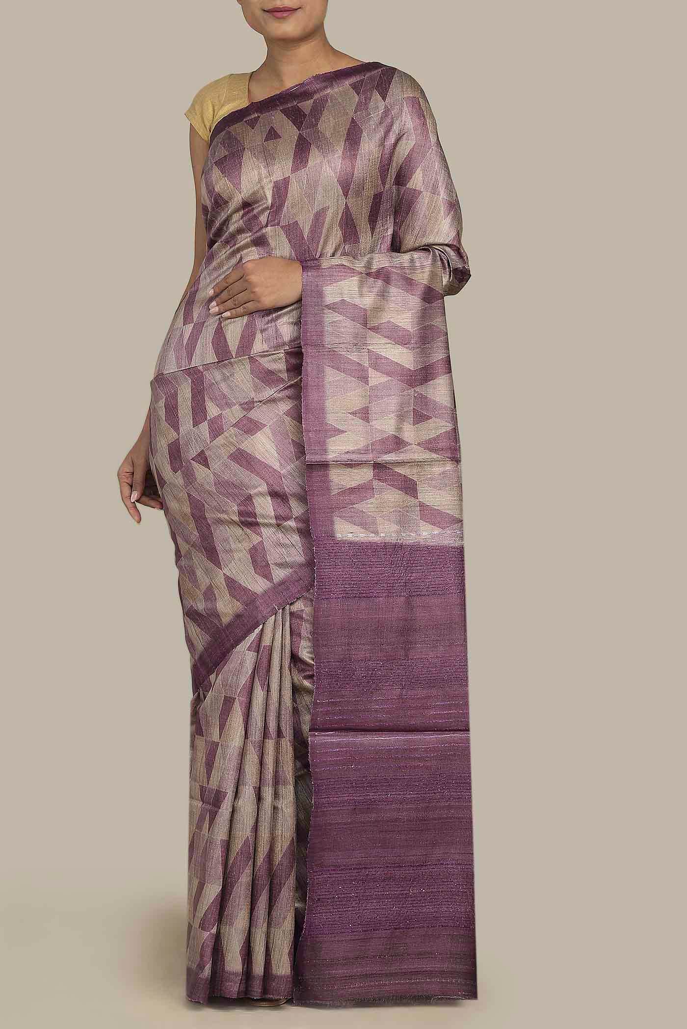 Beige Tussar Silk Saree