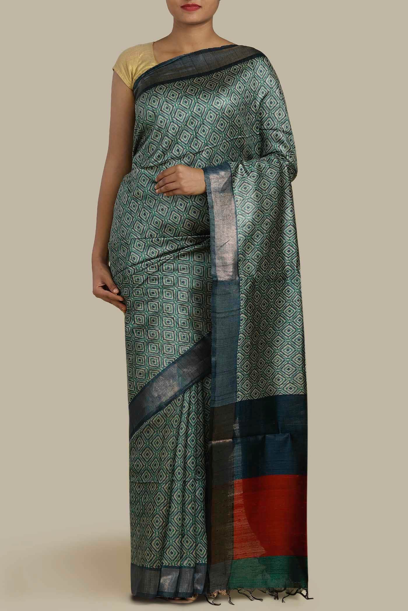 Green Bhagalpuri Tussar Silk Saree