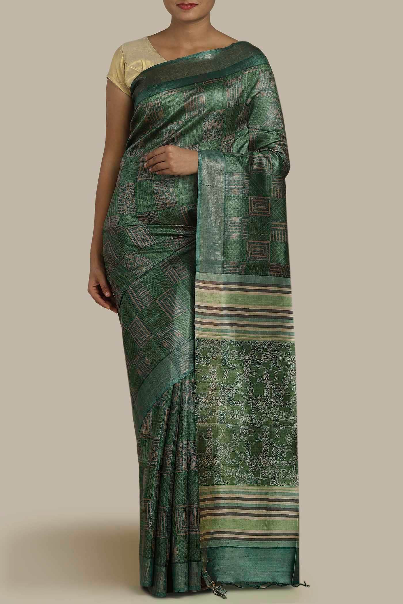 Green Bhagalpuri Tussar Silk Saree
