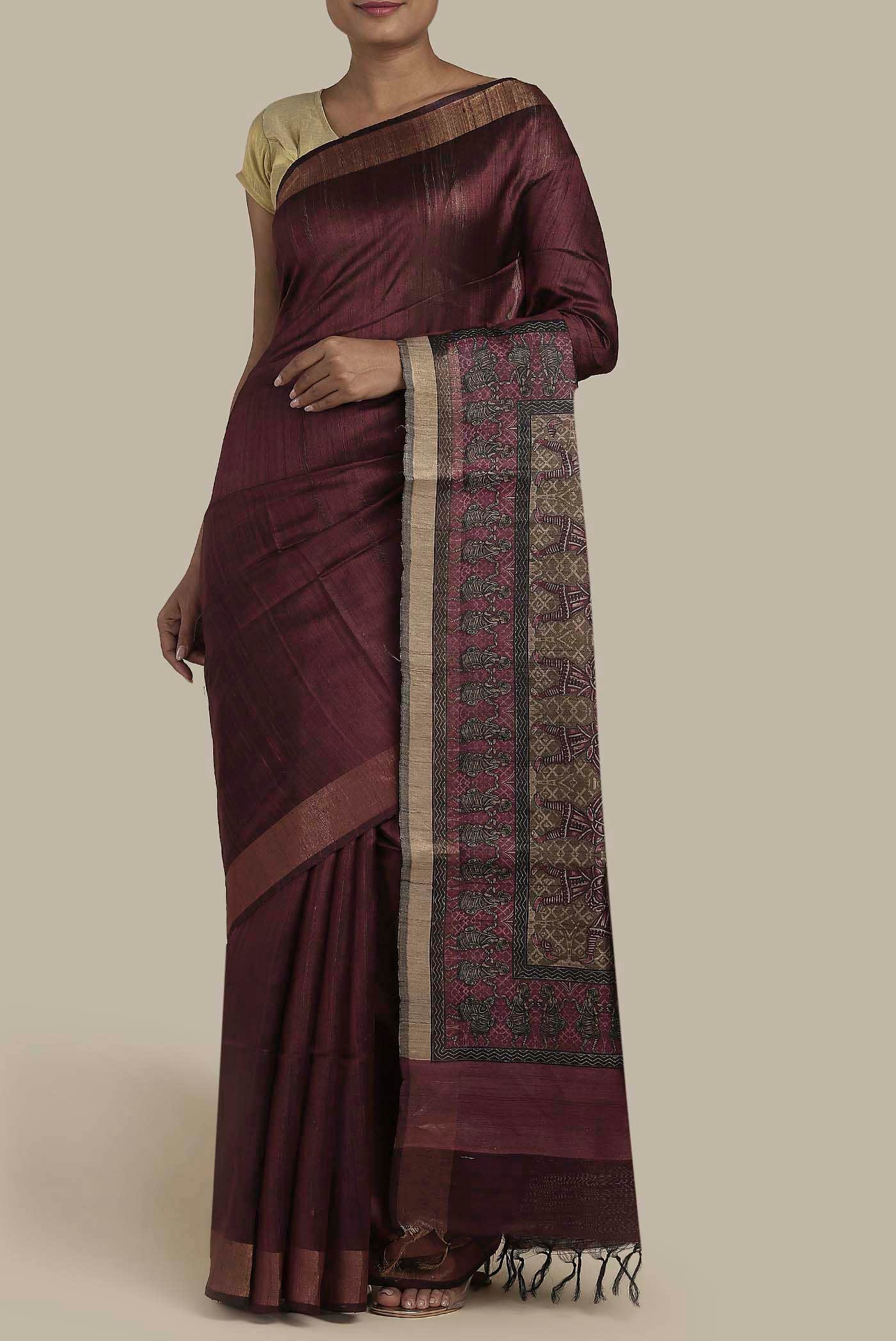 Brown Bhagalpuri Tussar Silk Saree