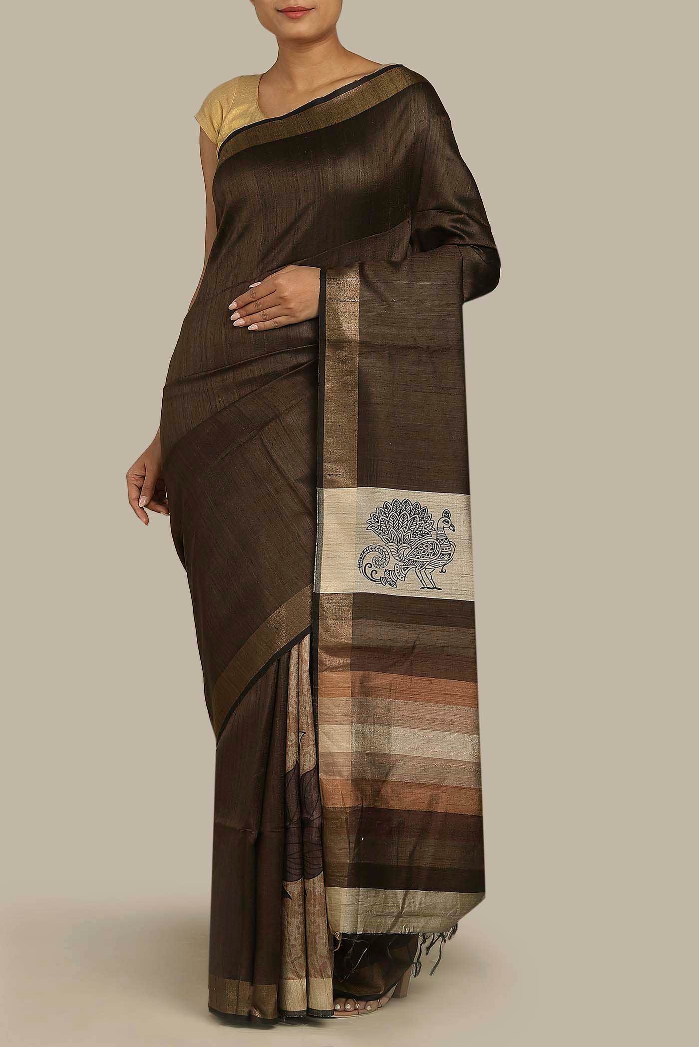 Brown Tussar Silk Saree