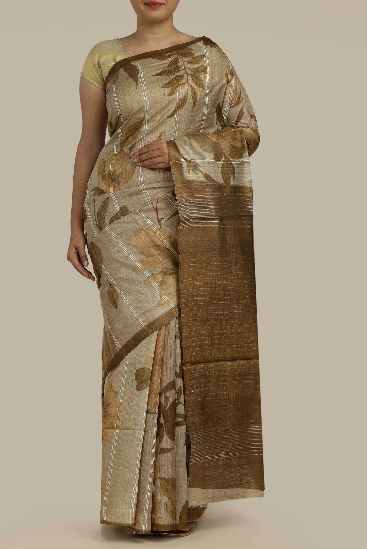 Beige Bhagalpuri Tussar Silk Saree