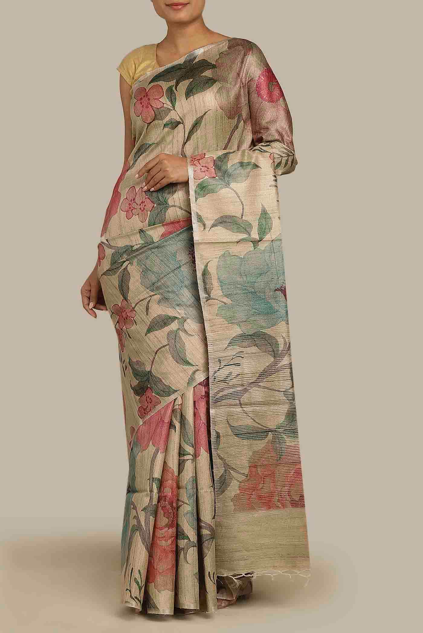 Cream Tussar Silk Saree