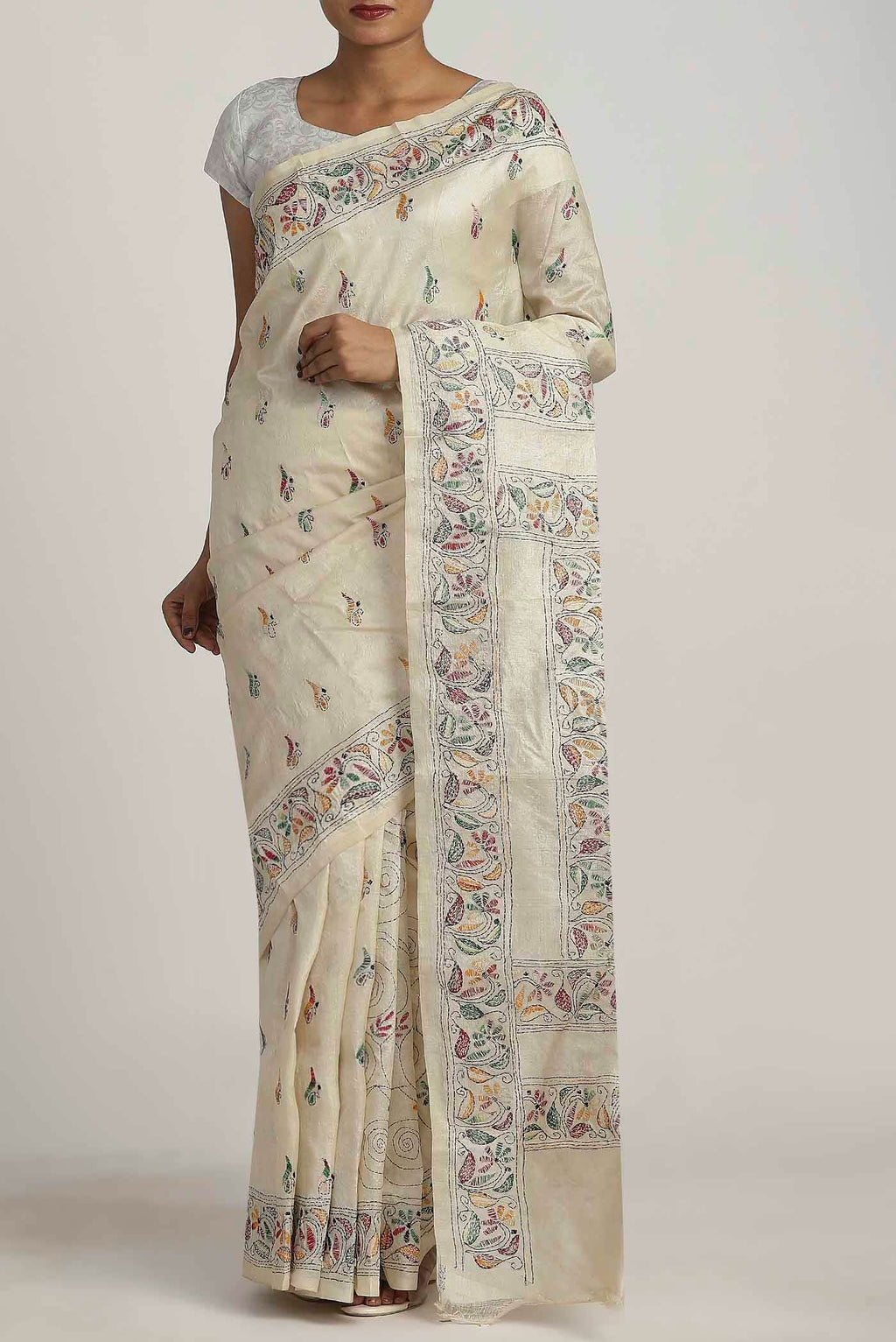 Cream Tussar Silk Saree