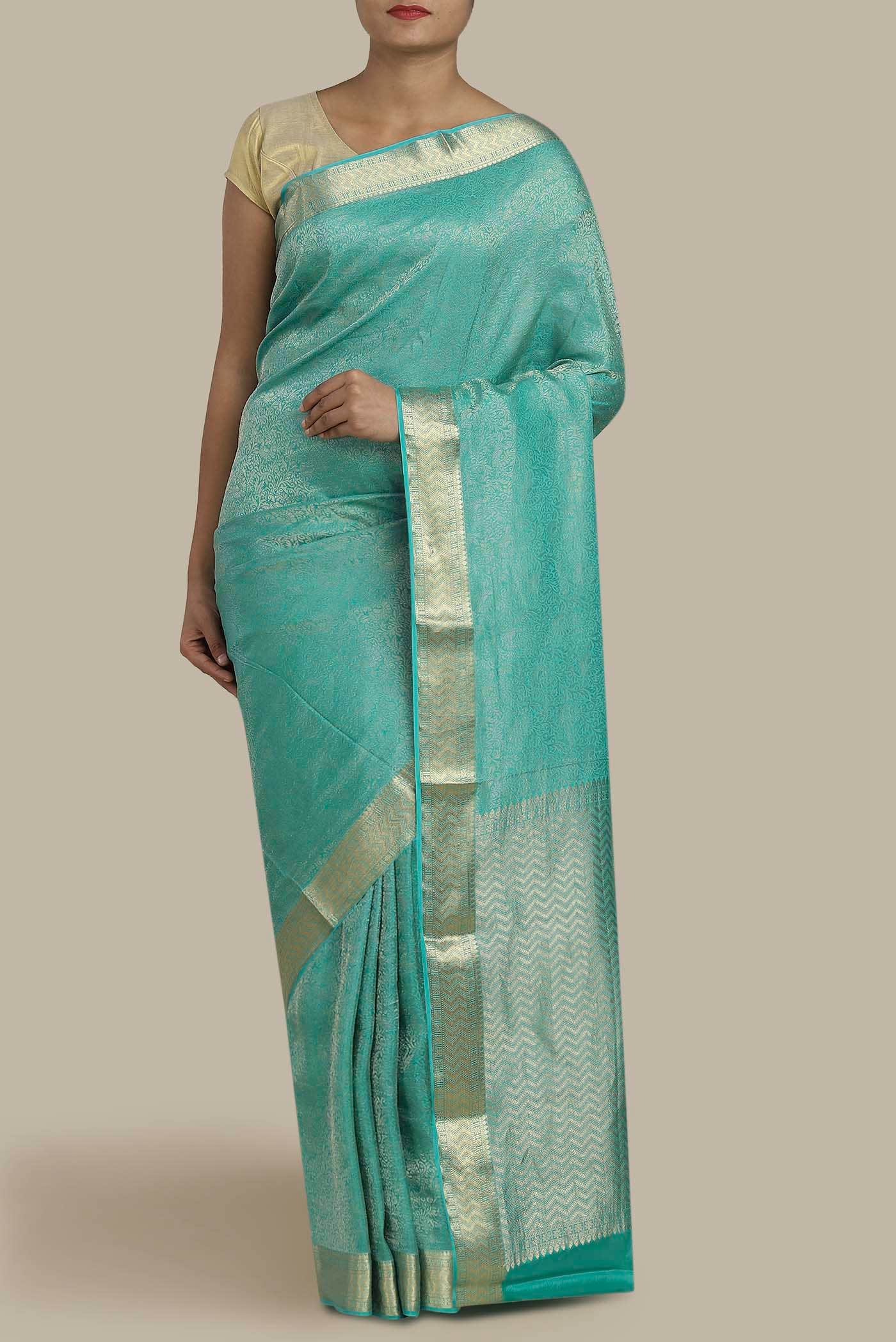 Turquoise Mysore Crepe Saree