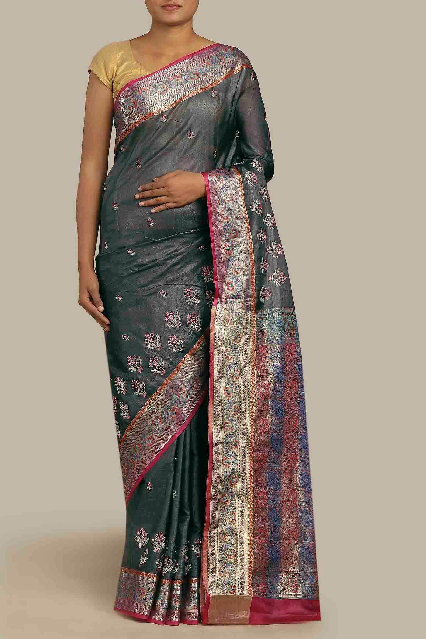 Grey Banarasi Tussar Silk Saree