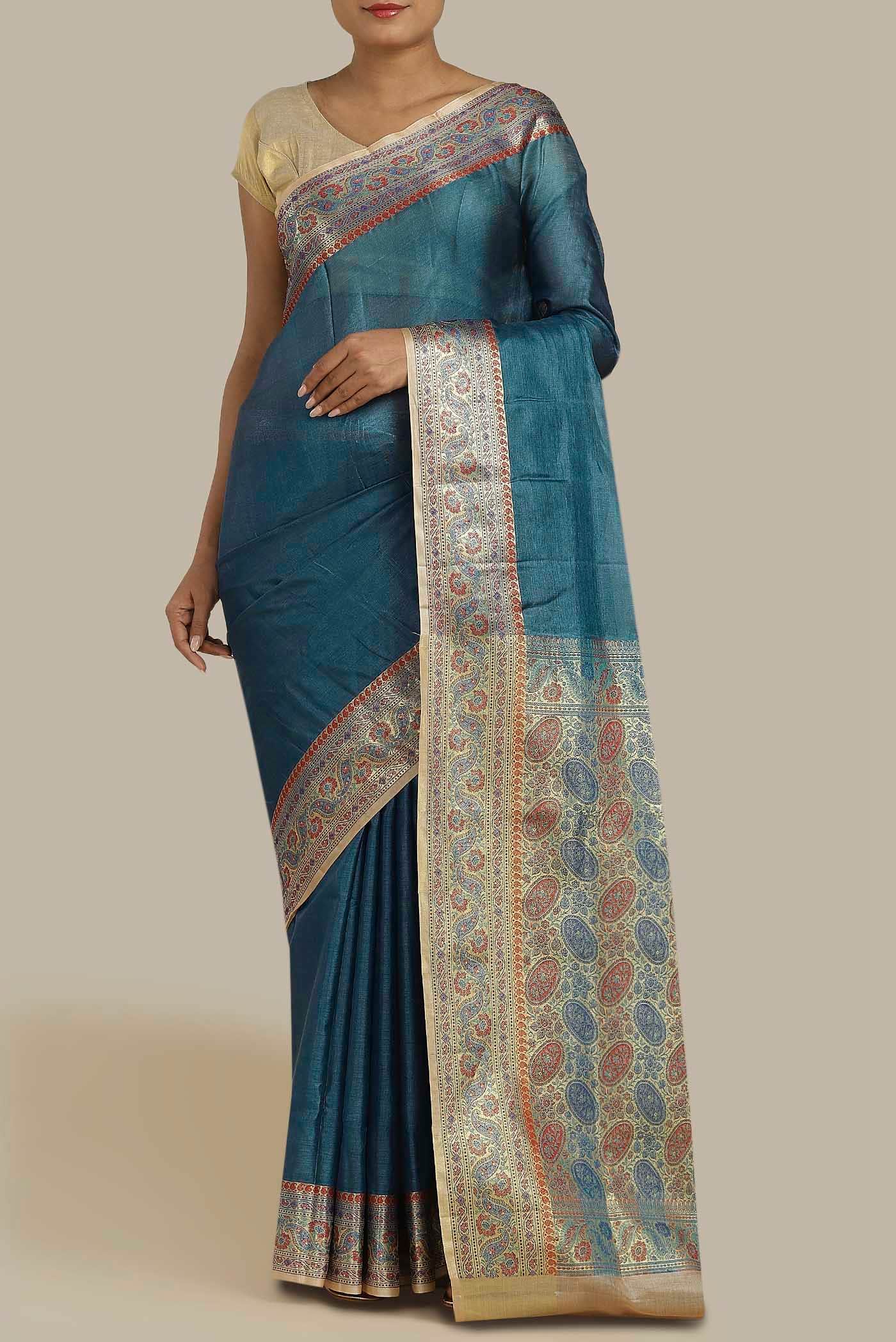 Blue Banarasi Tussar Silk Saree