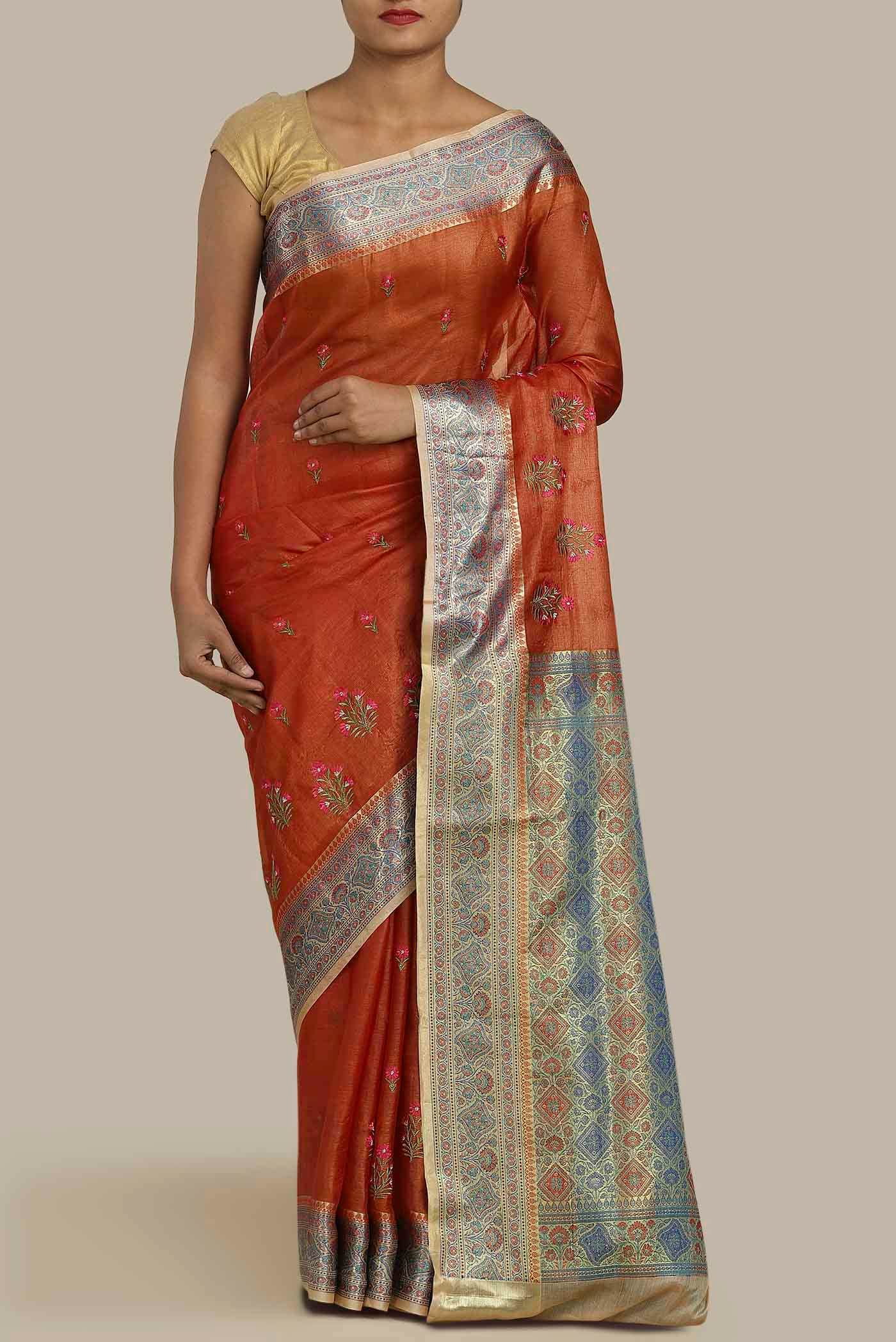 Orange Banarasi Tussar Silk Saree