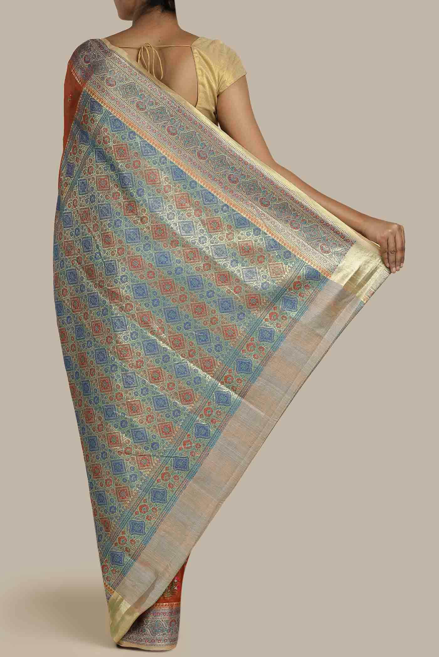 Orange Banarasi Tussar Silk Saree