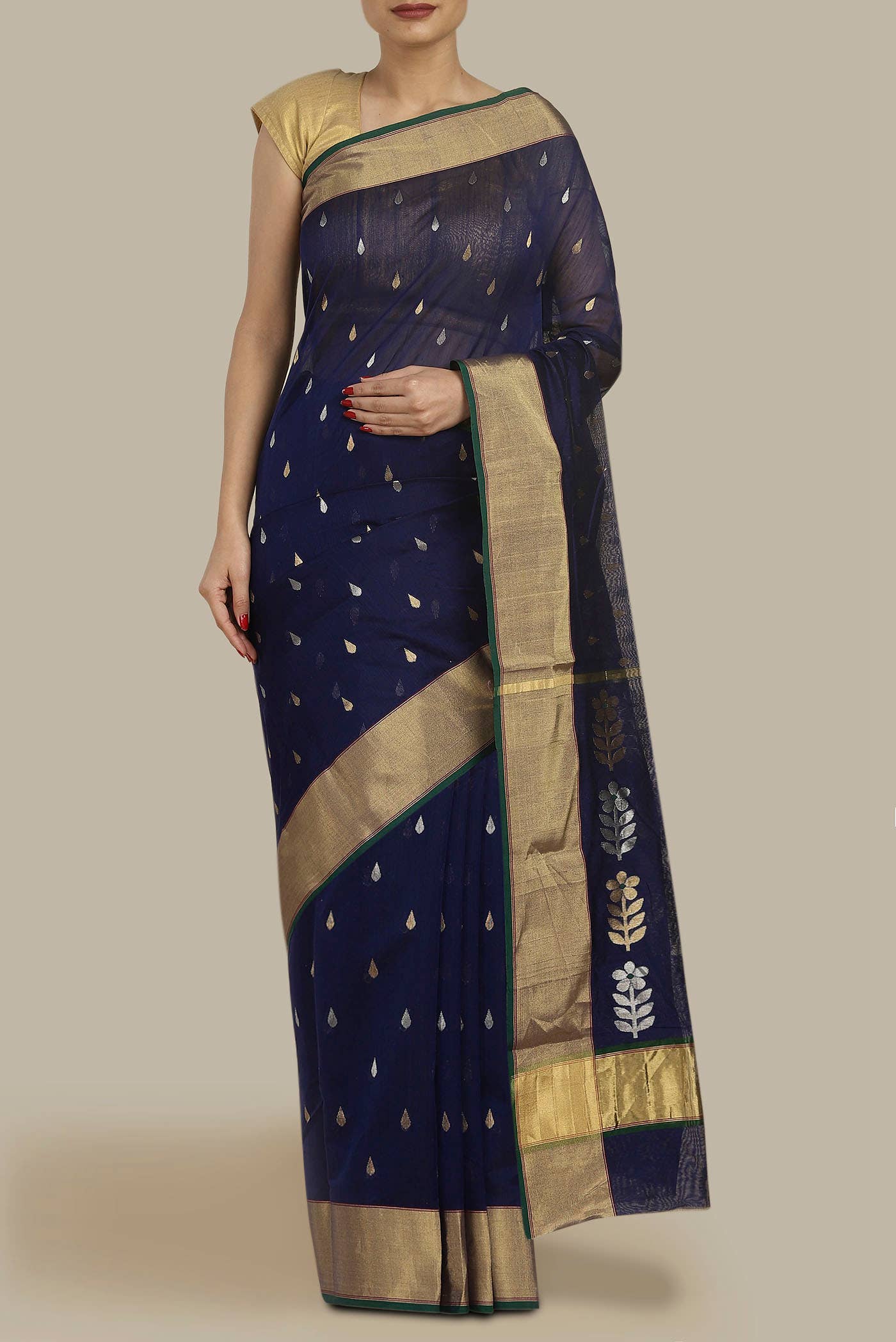 Navy Blue Chanderi Silk Cotton Saree