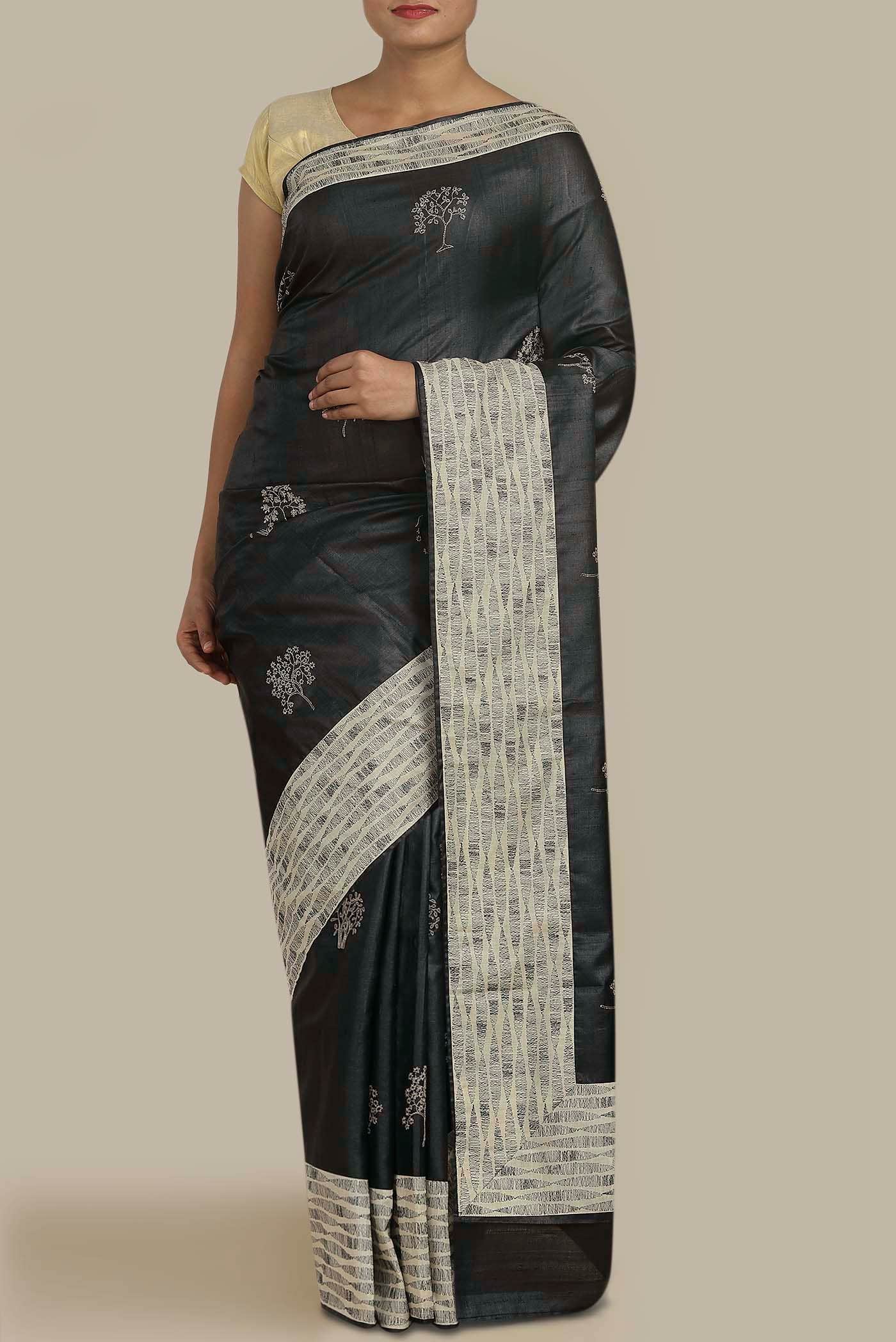 Black Banarasi Tussar Silk Saree