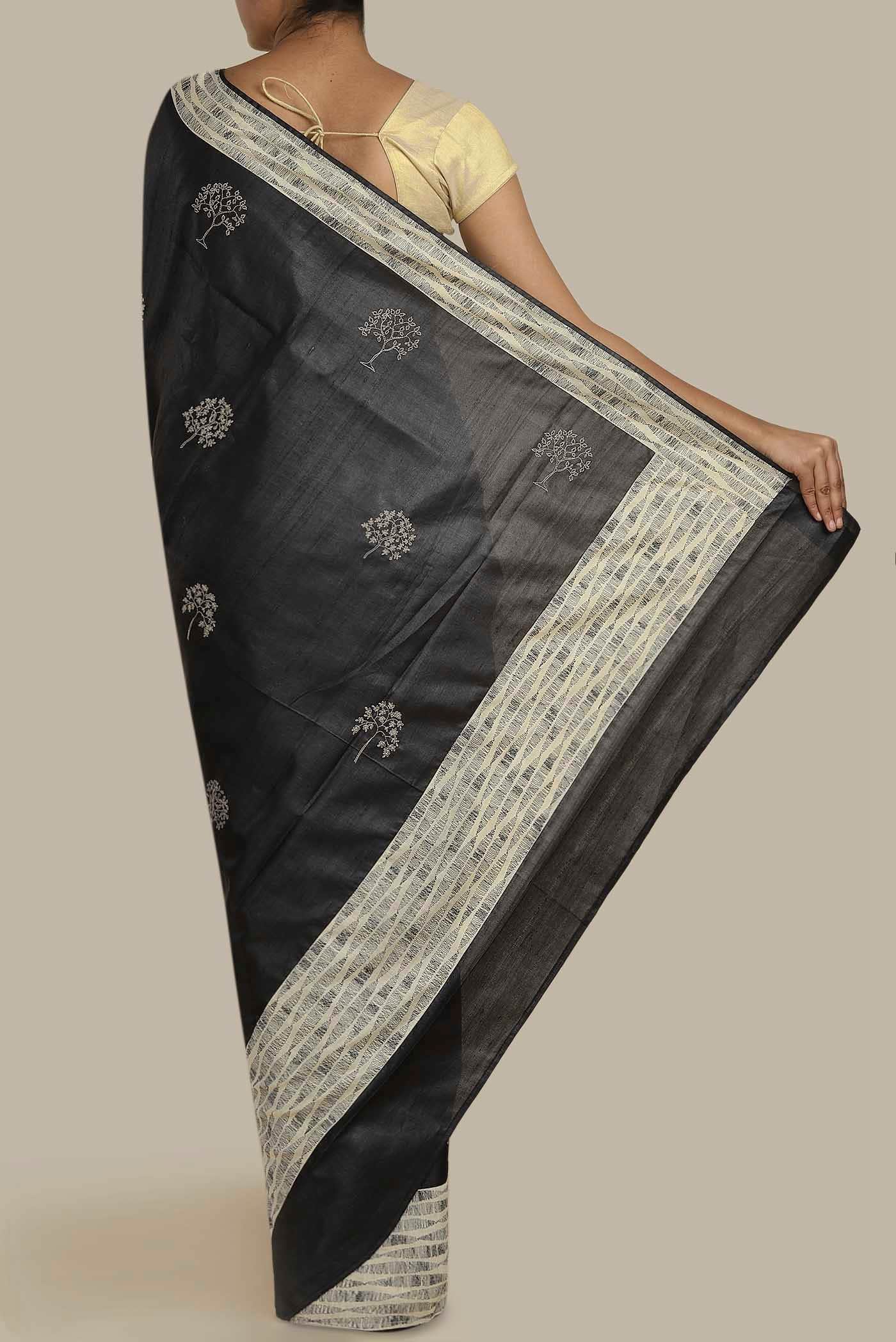 Black Banarasi Tussar Silk Saree