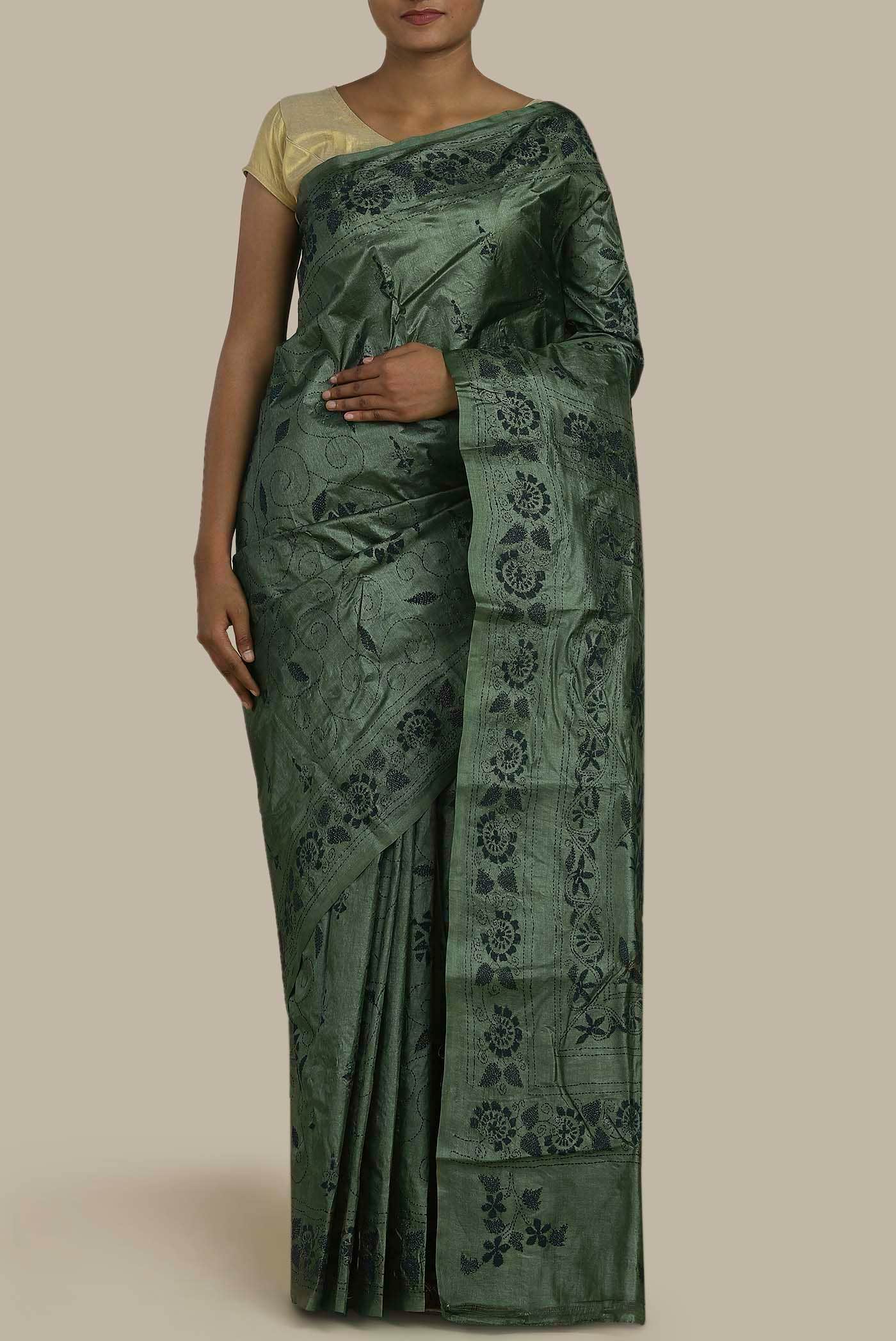 Green Bhagalpuri Tussar Silk Saree