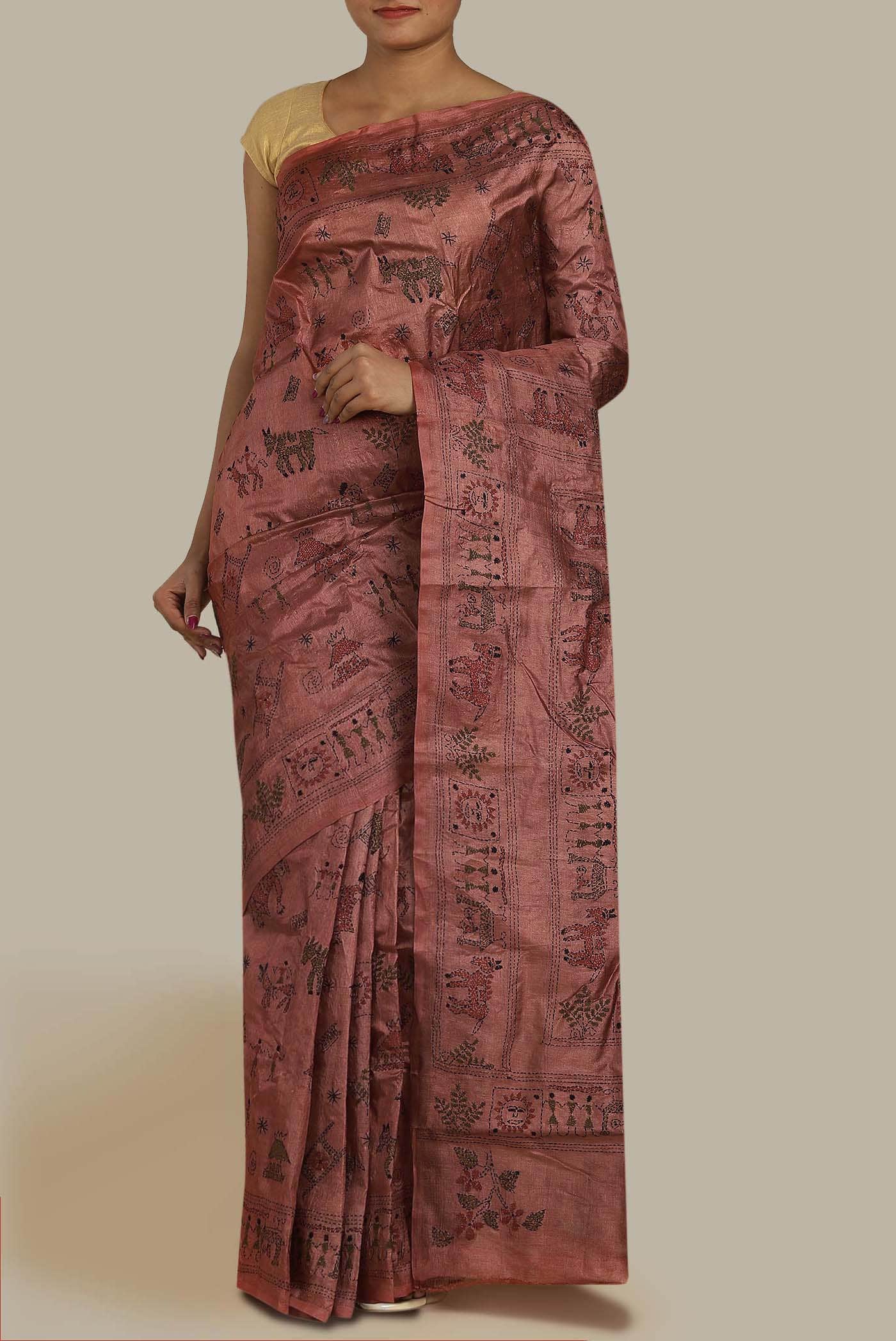 Rust Tussar Silk Saree