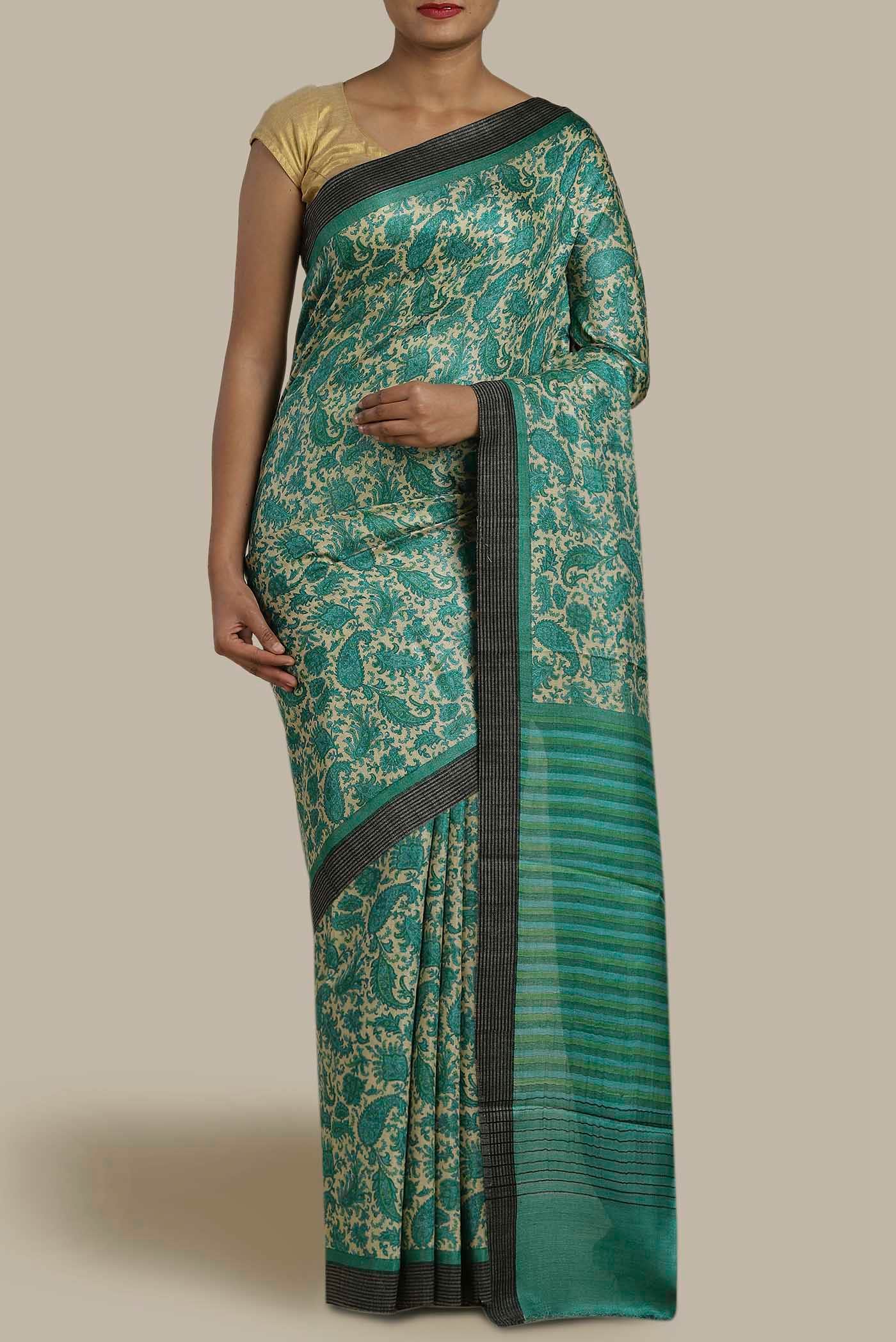 Turquoise Pashmina Silk Saree