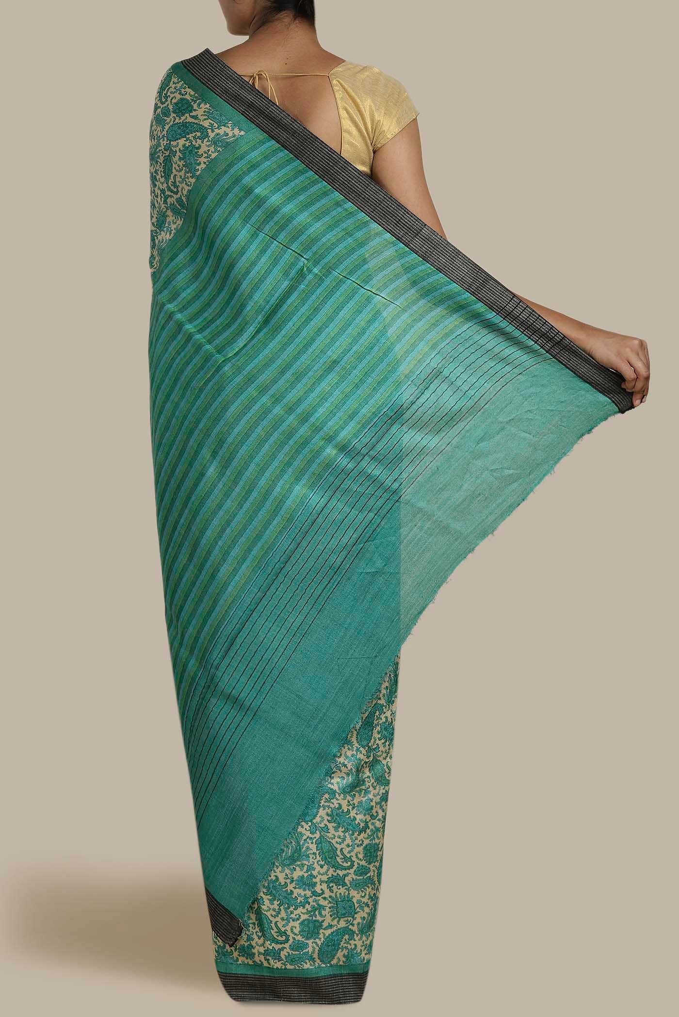 Turquoise Pashmina Silk Saree