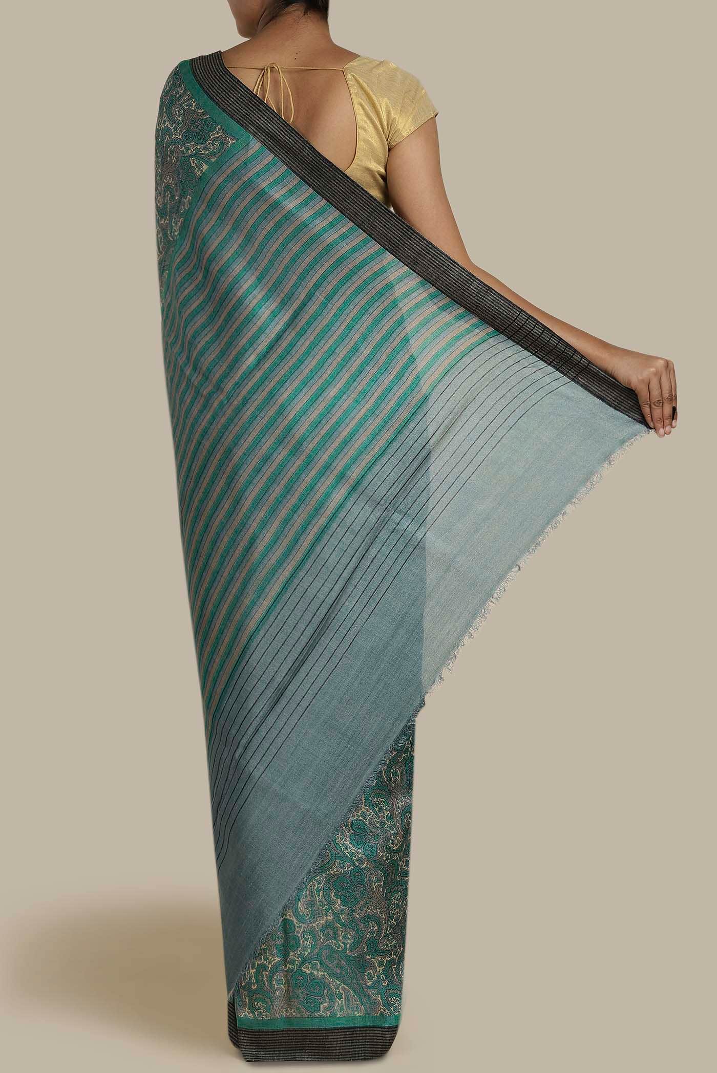 Turquoise Pashmina Silk Saree