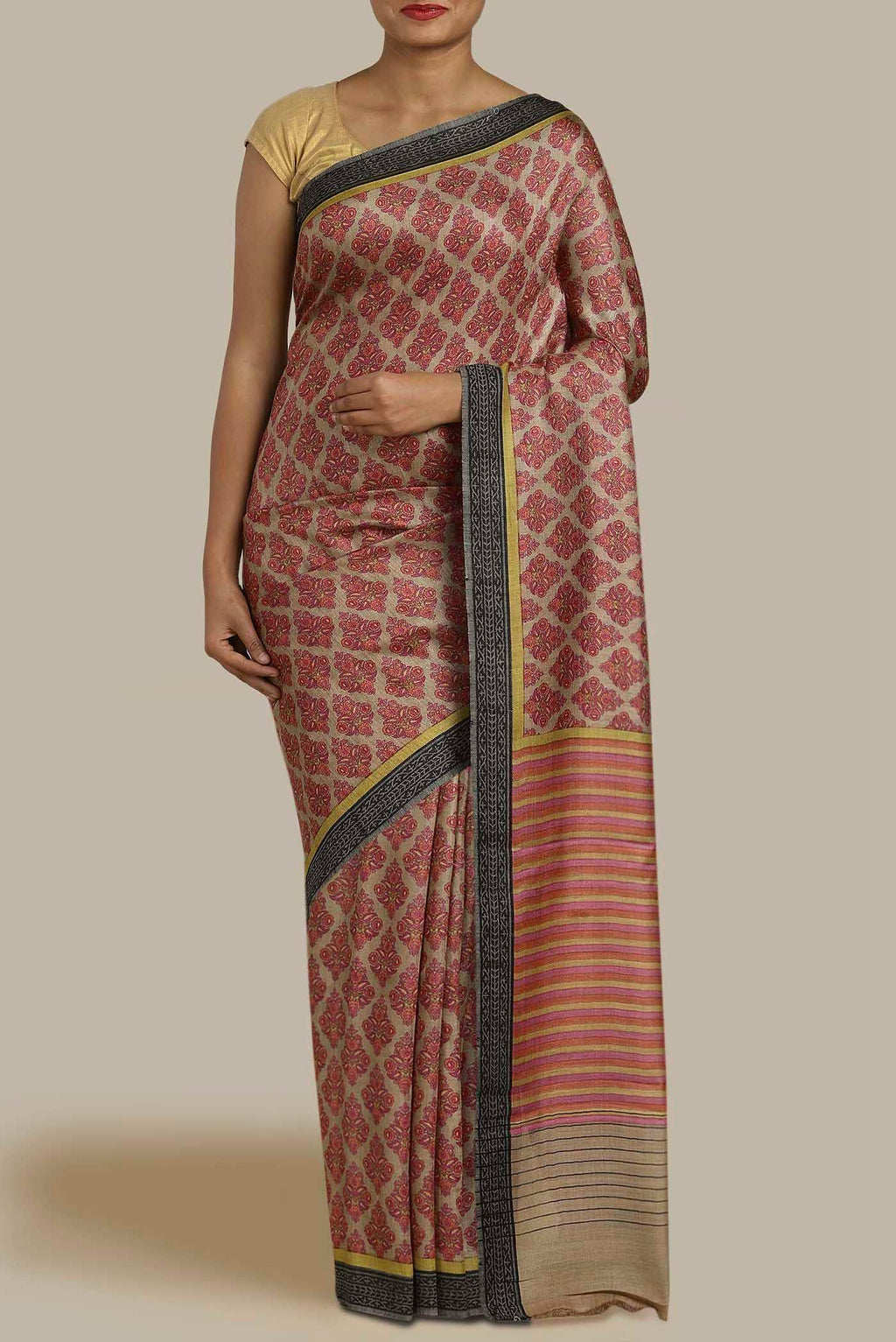 Beige Pashmina Silk Saree