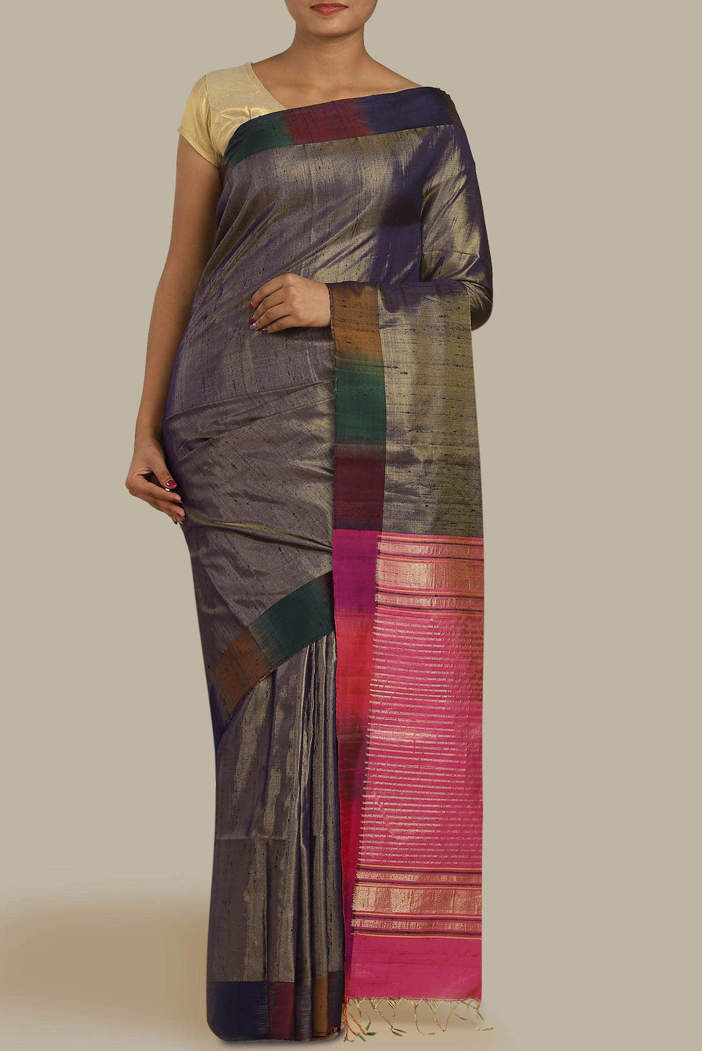 Blue with Gold Dual Tone Raw Silk Saree